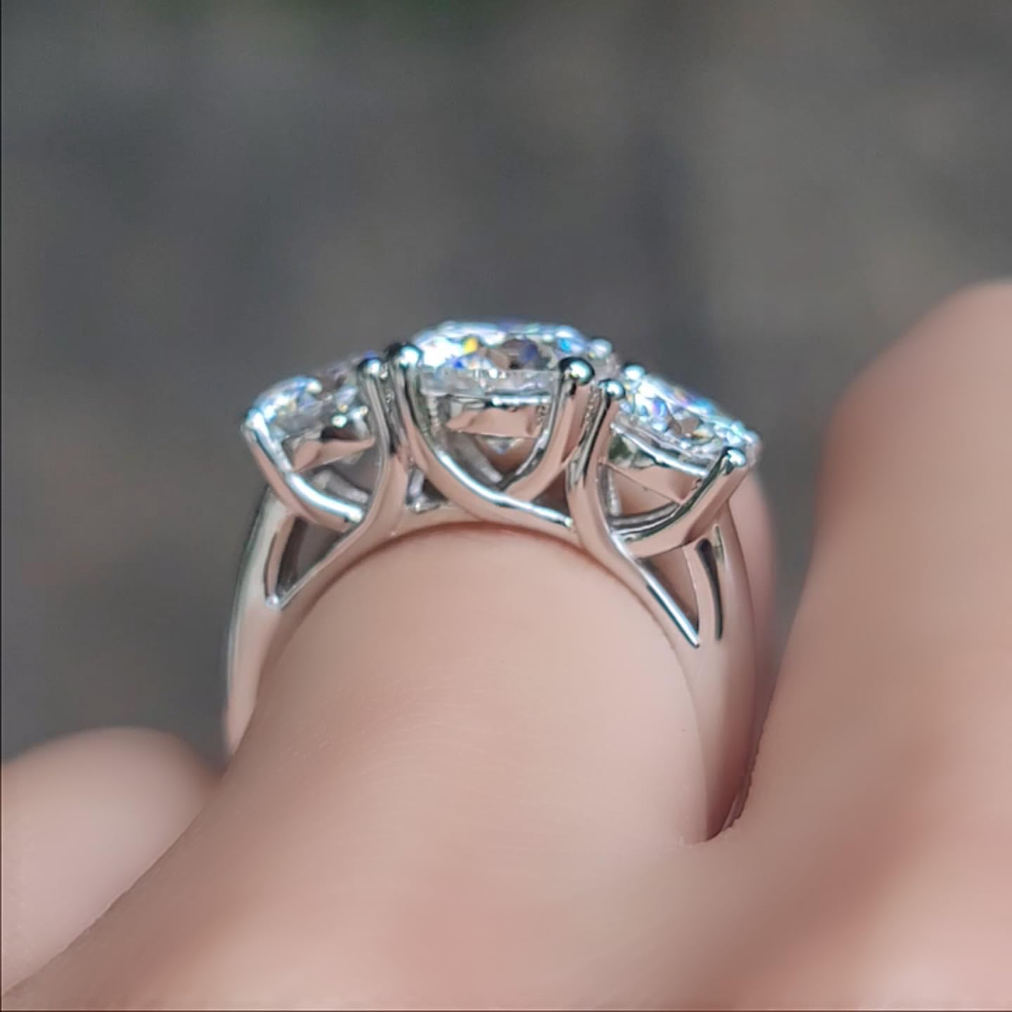 DovEggs 3 Stone Moissanite Engagement Ring for Women - 4ct Center (6.5mm-8mm-6.5mm) GHI Color H&A Cut Wedding Band, 14K Gold or Sterling Silver - Perfect for Proposals, Anniversaries & Special Occasions