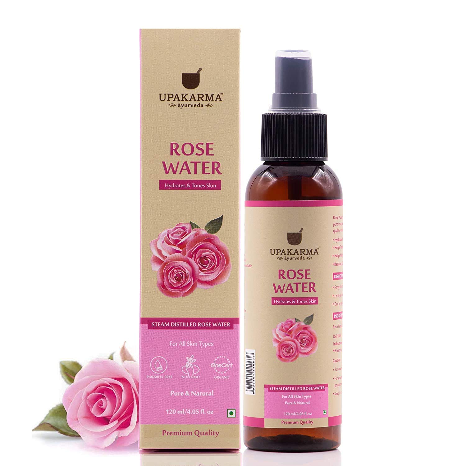 UPAKARMA Pure Steam Distilled Rose Water (Gulab Jal) - 120ml Bottle | Natural Face Toner & Skin Hydrator | Perfect for Aromatherapy, DIY Beauty & Holistic Skincare