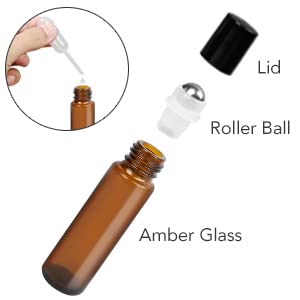 Hunky Dory 3-Piece 10ml Amber Glass Essential Oil Roller Bottles with Stainless Steel Roller Balls - Leakproof Roll-On Perfume & Under Eye Serum Bottles for Aromatherapy, Skincare & Beauty Use