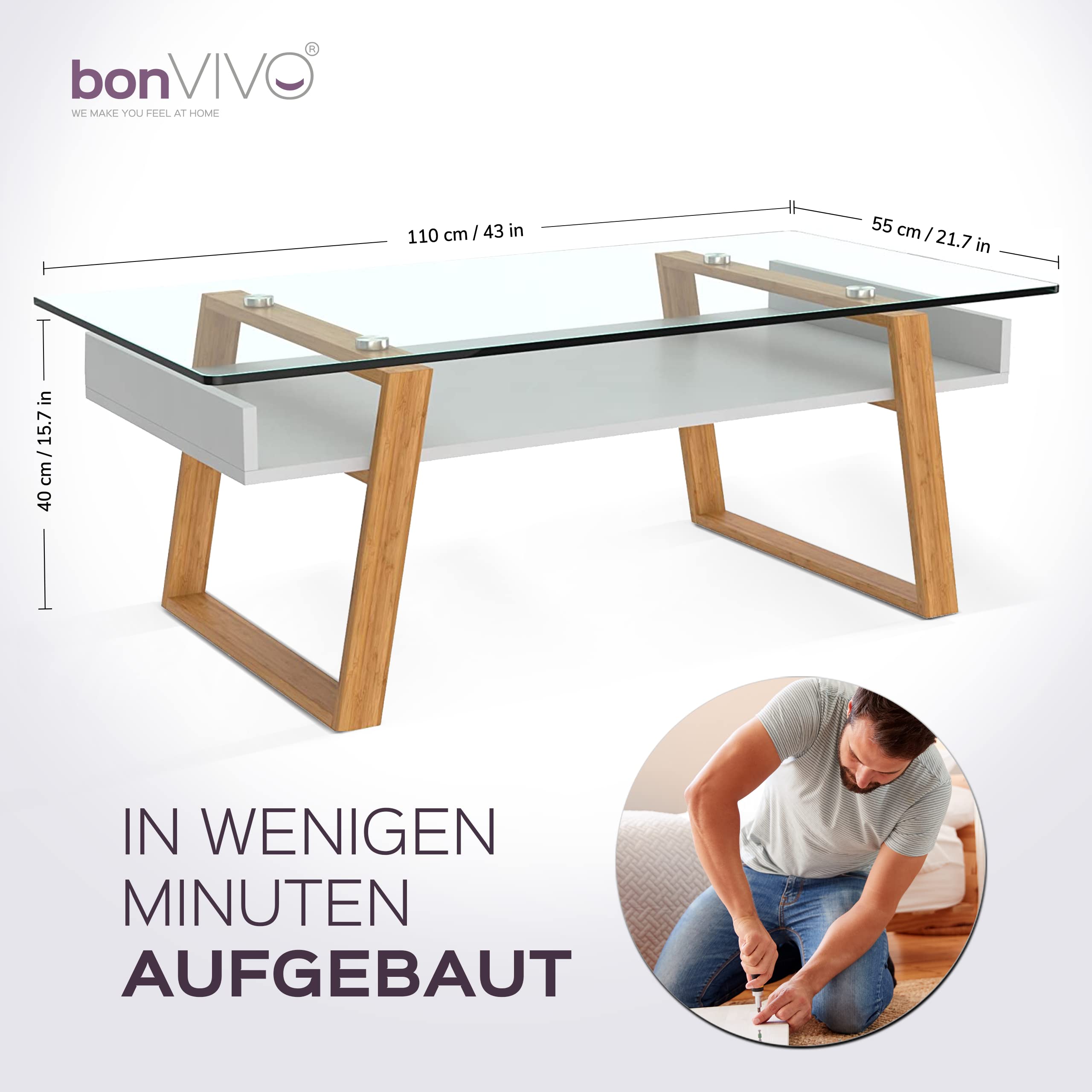 bonVIVO Modern Glass Coffee Table with Tempered Top - Elegant Living Room Centerpiece, Black Contemporary Design for Home & Office Decor | Perfect for Lounge Areas, Reception Spaces & Gift Occasions