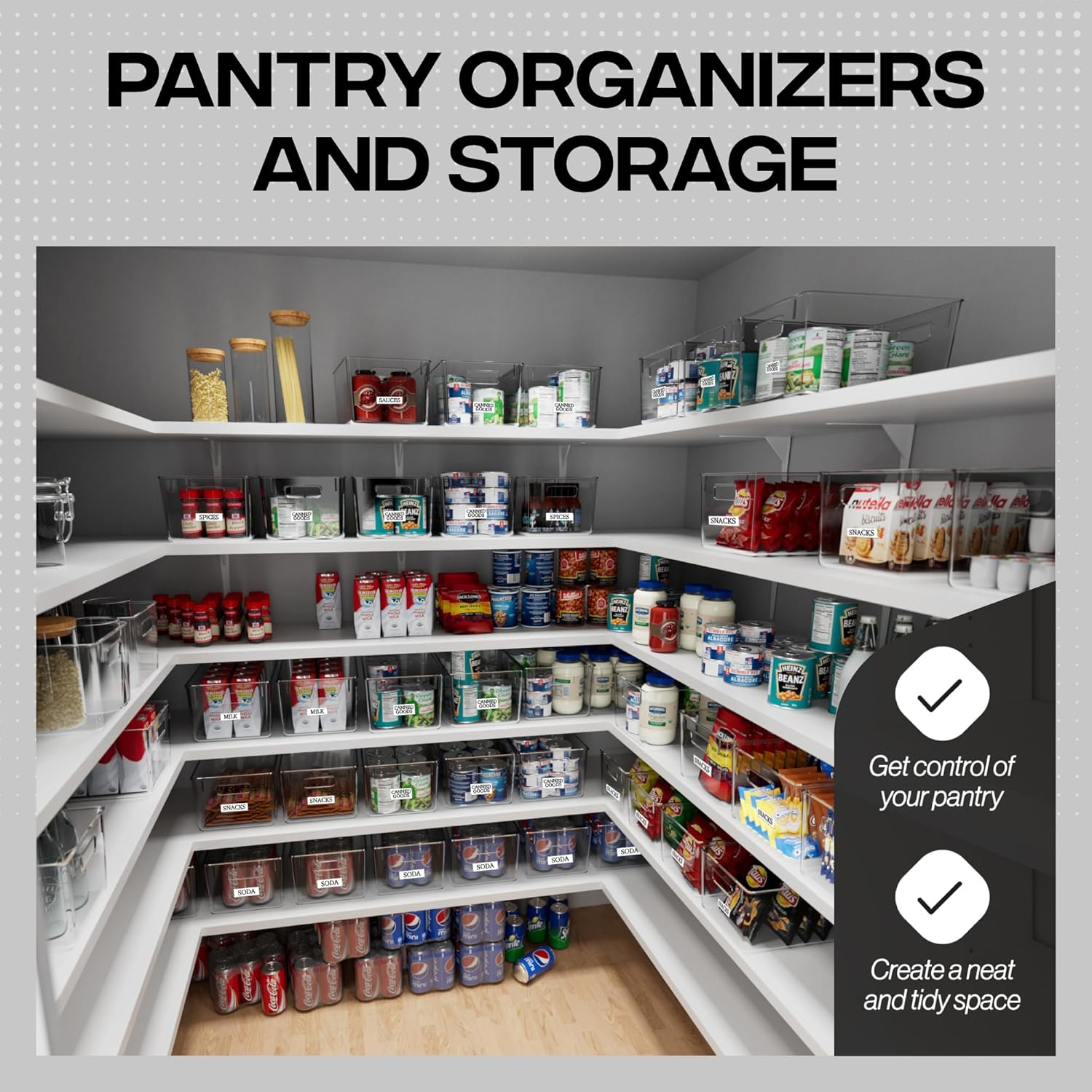 4-Piece Clear Plastic Pantry Storage Bin Organizer Kit - Stackable Food Containers for Kitchen, Pantry & Cabinet Organization (SKU S1296) | Perfect for Cereal, Snacks, Pasta & Dry Goods Storage
