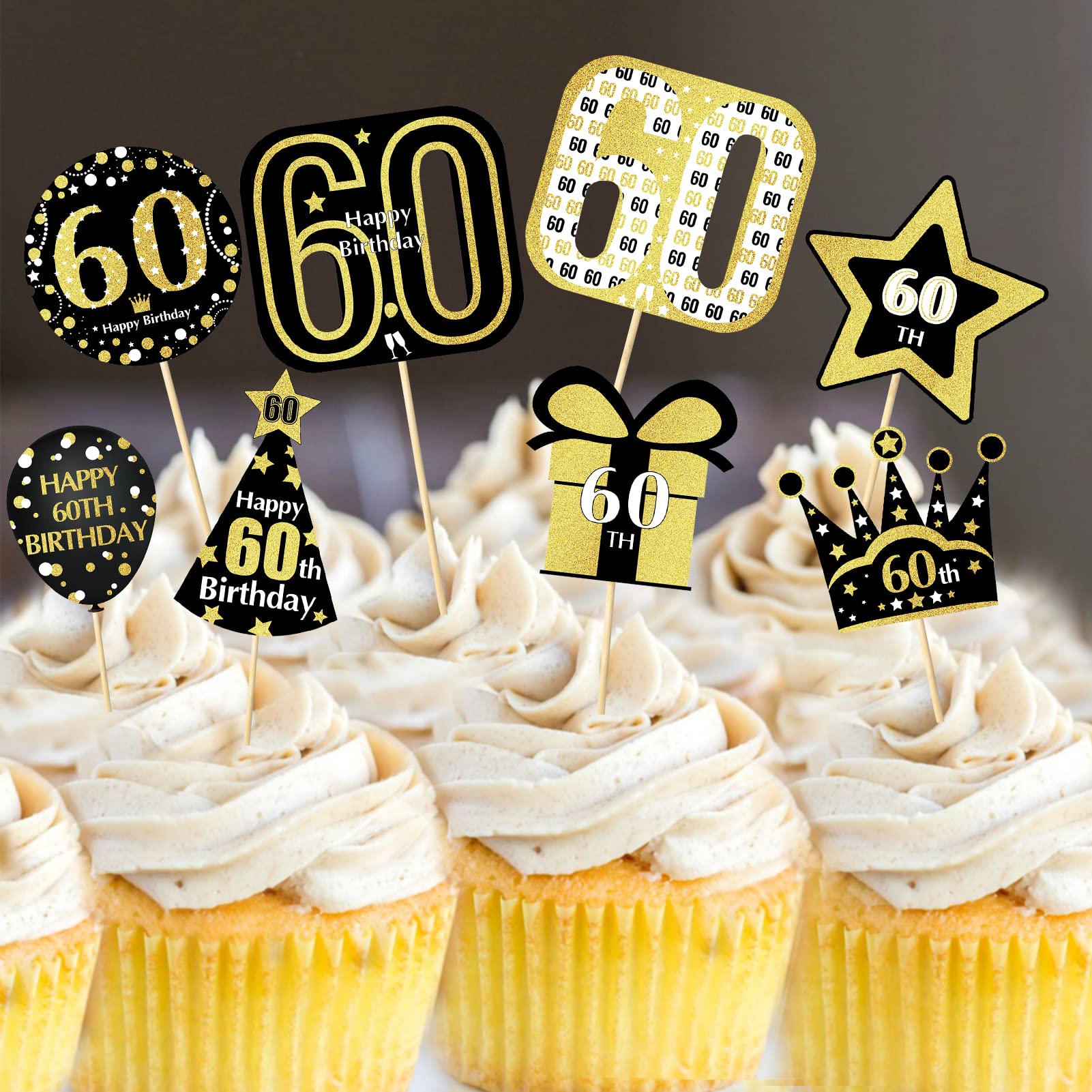 48pcs Gold 60th Birthday Cupcake Toppers Decorations for Men & Women - Happy Sixty Birthday Cake Topper Party Supplies - Perfect for Anniversary Celebrations, Retirement Parties & Milestone Events