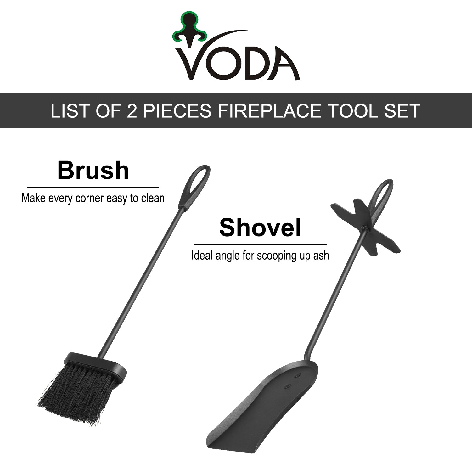 VODA™ Fireplace Tools Set VDTS400 - Heavy Duty Fireplace Poker, Brush, Shovel & Stand - Perfect for Indoor & Outdoor Fire Pits, Wood Stoves, and Fireplaces