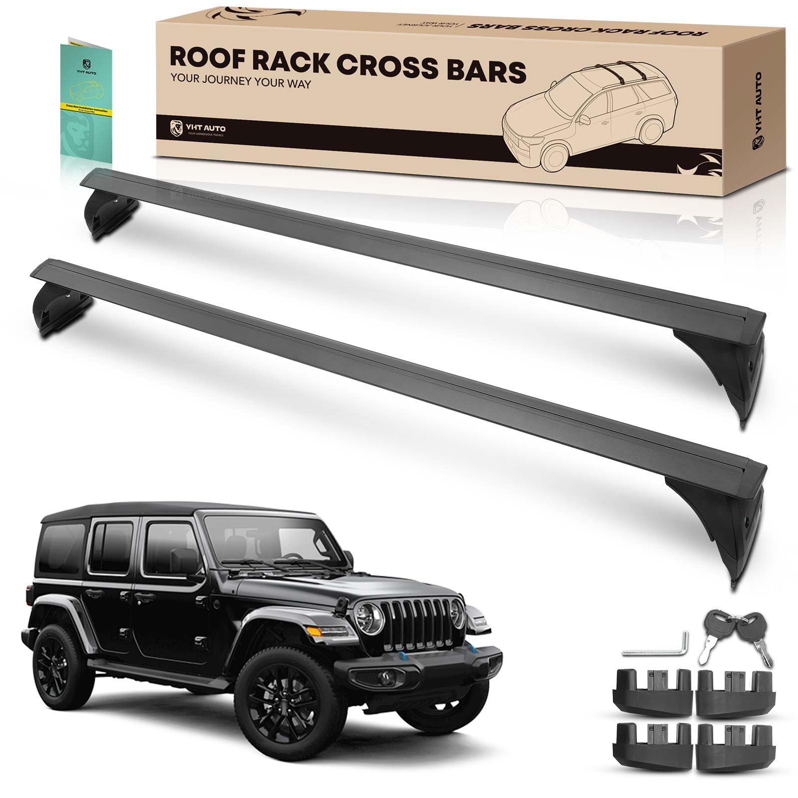 YHTAUTO Aluminum Alloy Car Roof Rack Cross Bar - Compatible with Jeep Wrangler 2007-2023 Hard Top w/Rain Gutter - 165 lbs Capacity for Rooftop Tent, Kayak, Bike, Luggage, Snowboard, Ski & Canoe - Perfect for Camping, Road Trips & Outdoor Adventures