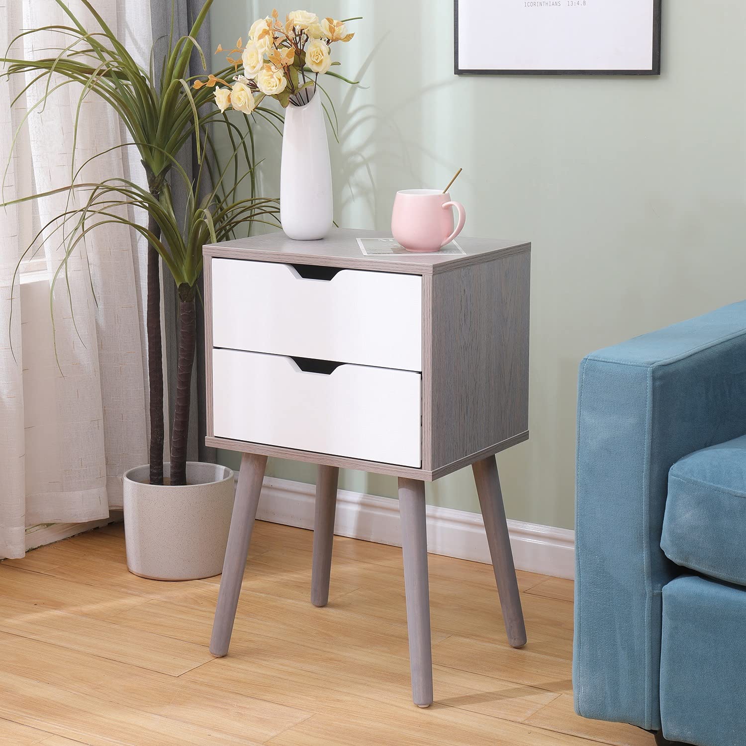 Modern Nightstand Set of 2 - Mid-Century Bedside Tables with 2 Drawers & Solid Wood Legs, Storage Cabinet for Bedroom & Living Room Furniture (Grey) - Perfect for Small Spaces, Guest Rooms & Apartment Decor