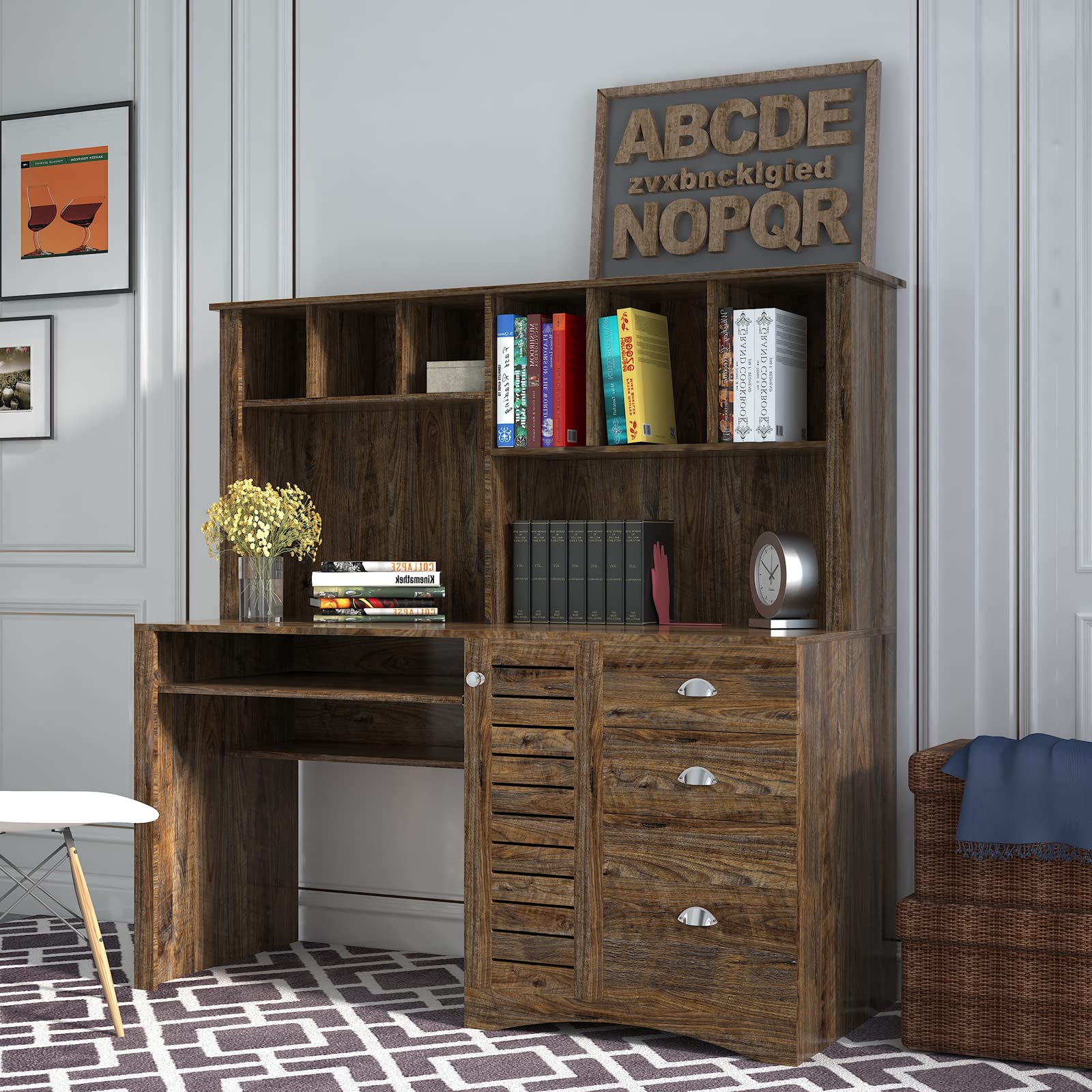Vintage Style Home Office Computer Desk with Hutch - Antique Painted Finish for Study, Work & Remote Workspace