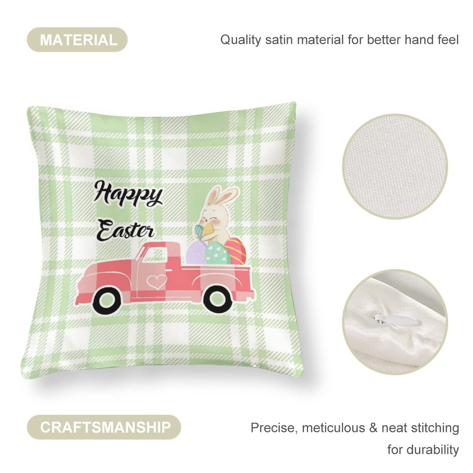 Happy Easter Cartoon Rabbit Bunny Eggs Buffalo Plaid Silk Throw Pillow Covers 26x26 - Decorative Easter Pillow Covers for Living Room, Bedroom, Sofa | Easter Home Decor, Spring Party Decorations, Holiday Gift Idea