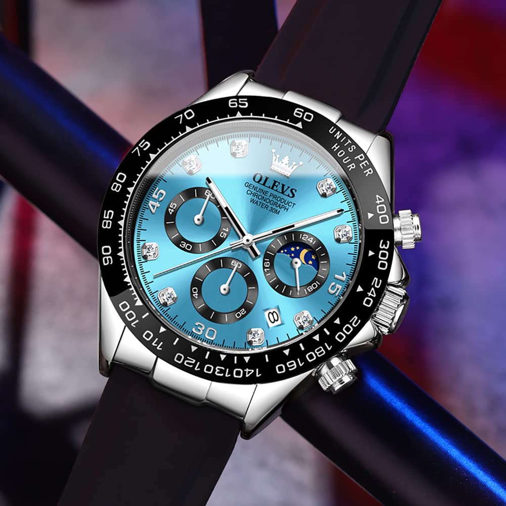 OLEVS Men's Luxury Sports Watch - Silicone Band, Chronograph, Moon Phase, Diamond Accents, Waterproof & Luminous - Analog Quartz Wristwatch for Men | Perfect for Outdoor Activities, Business Meetings & Formal Events