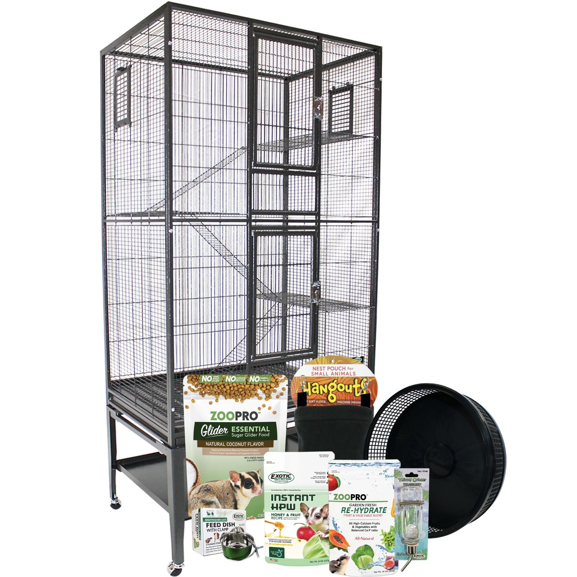 Premium Congo Cage & Starter Kit for Sugar Gliders - Complete Habitat Set with Durable Cage, Exercise Wheel, Nutritious Food Mix, Water Bottle, Feeding Bowls & Cozy Nest Pouch - Perfect for Small Pet Homes, Vet Clinics & Exotic Animal Enthusiasts