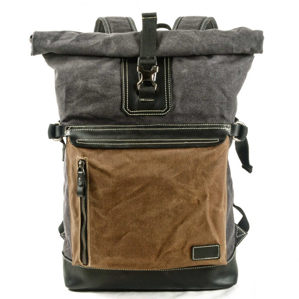 Durable Canvas & Genuine Leather Backpack - Waterproof Grey & Green Laptop Bag for Men & Women | Perfect for Travel, Work & College Commute