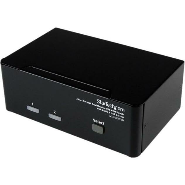 StarTech.com 2 Port KVM Switch with DVI & VGA, Audio & USB 2.0 Hub - Dual Monitor Display for Home Office & IT Workstations (SV231DDVDUA) - Perfect for Multi-Computer Setup & Server Management