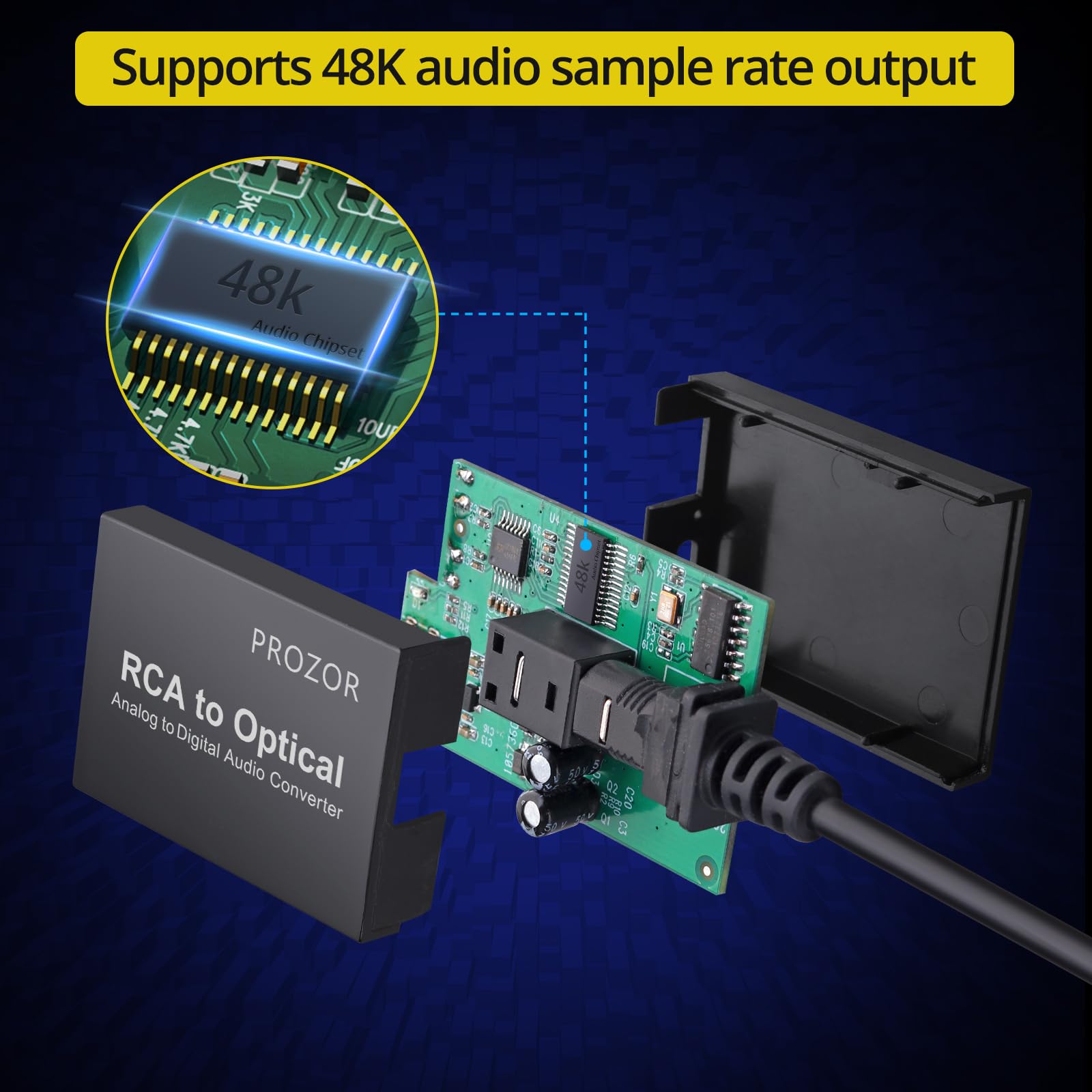 PROZOR RCA to Optical Audio Converter - Analog to Digital Converter Cable for Analog Signals to Toslink SPDIF Optical Digital Signals | Compatible with Computers, Laptops, Projectors & Soundbars | Perfect for Home Theater, Gaming & Audio Streaming Setups