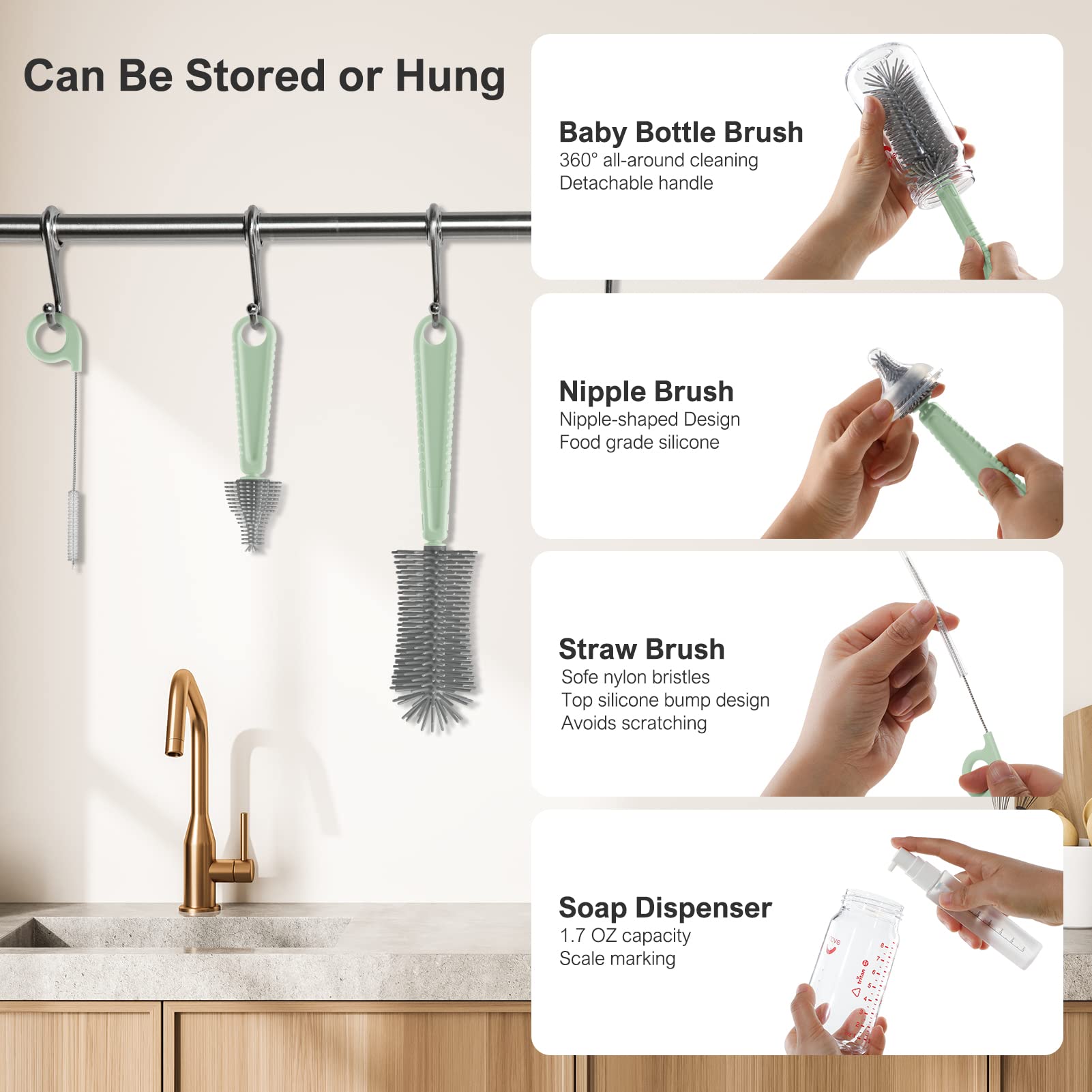 6 in 1 Baby Bottle Cleaning Brush Set with Travel Drying Rack - 360° Cleaning Brush, Nipple Brush, Straw Cleaner, Soap Dispenser & Organizer Case - Essential Newborn Feeding Supplies for Home, Travel & Daycare (Green)