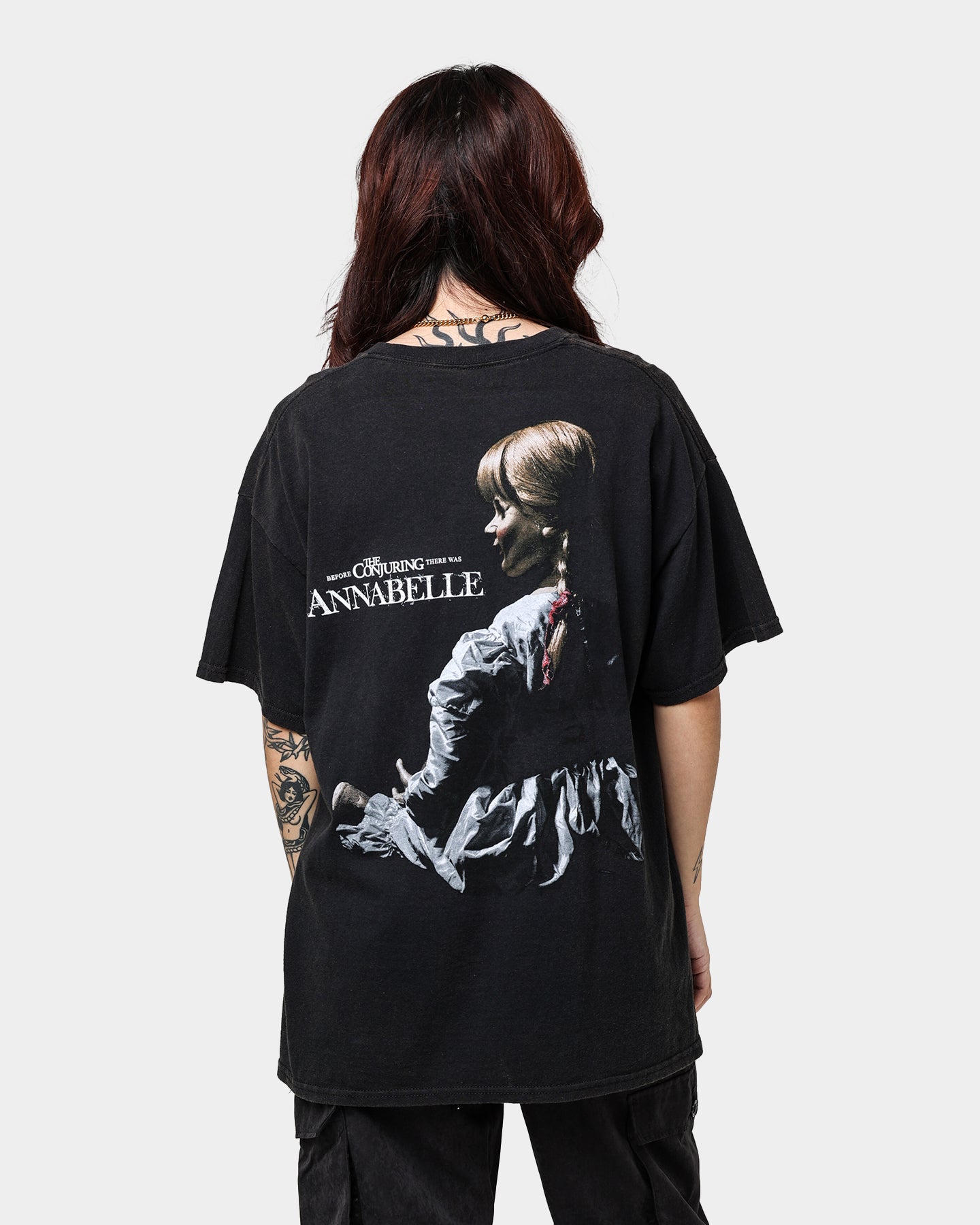 Vintage Annabelle Graphic T-Shirt - Black Washed Cotton Tee for Women | Retro Style Casual Wear for Everyday Outfits & Street Fashion