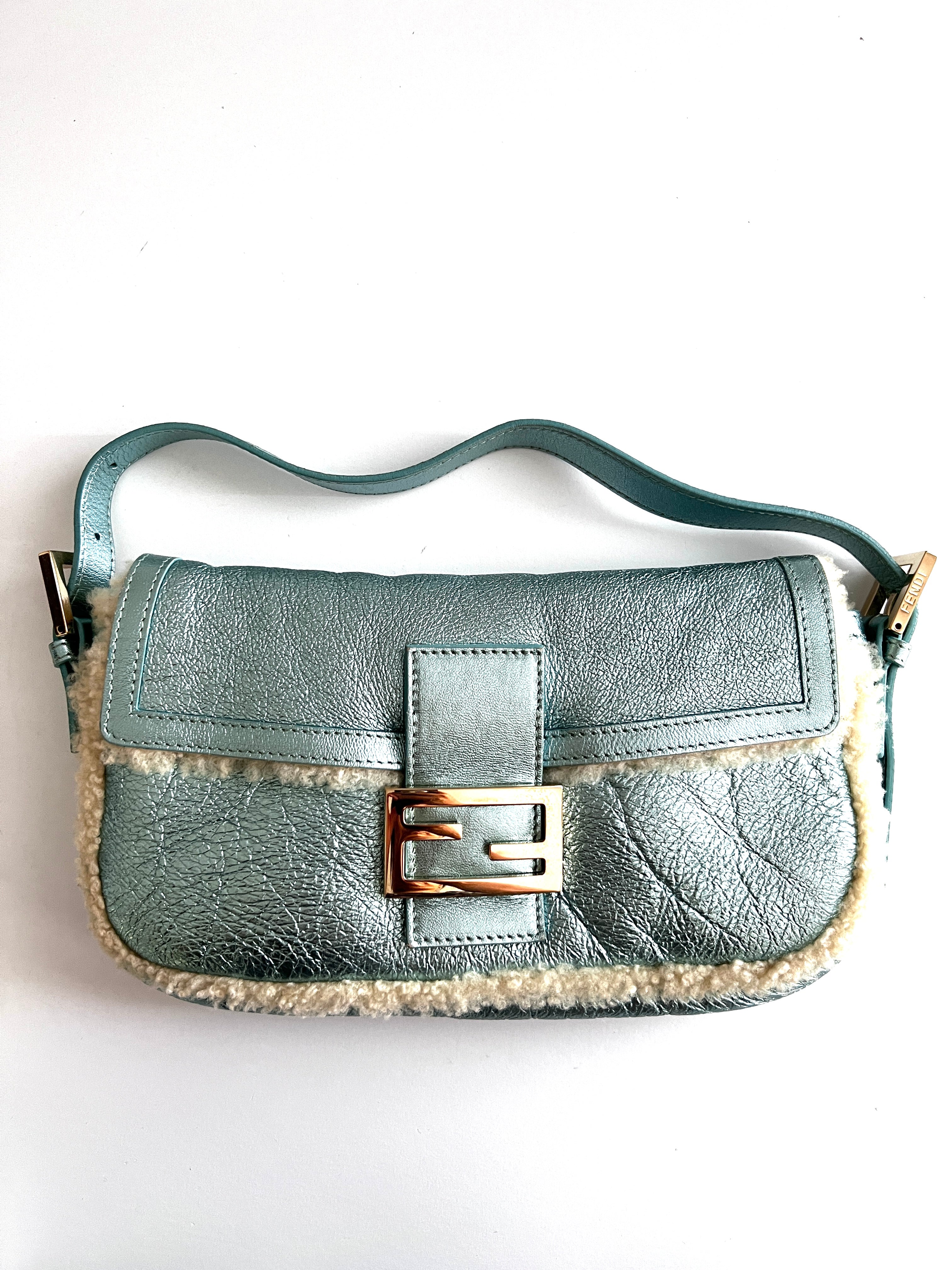 Fendi Metallic Ice Blue Shearling Baguette Bag - Luxury Shoulder Purse for Women, Perfect for Parties, Events & Everyday Use