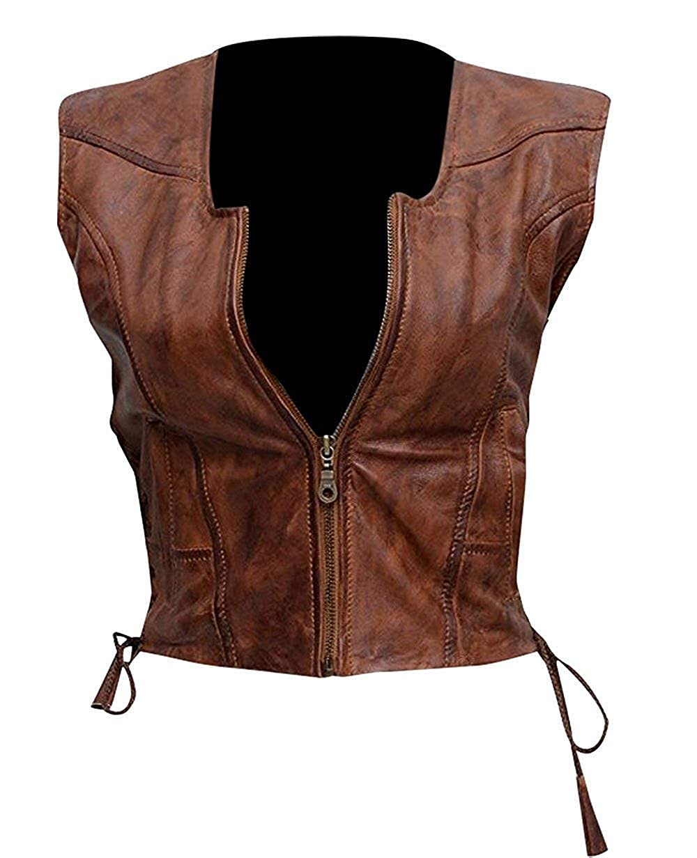 Women's Michonne Walking Dead Brown Leather Vest - Danai Gurira Cosplay Costume & Motorcycle Jacket (Real/Faux Leather) - Perfect for Halloween, Comic Con & Biker Fashion