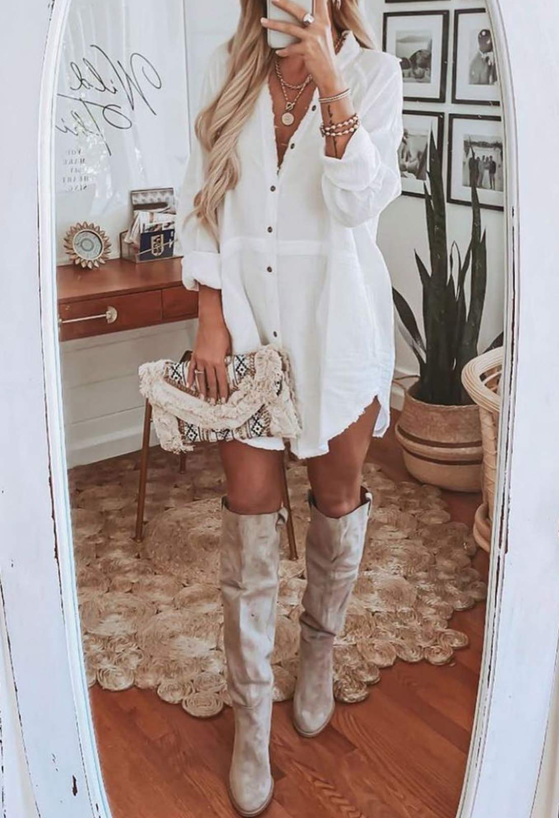 Pink Queen Women's V-Neck Long Sleeve Button Down Blouse Tunic Shirt Mini Dress with Pockets - Elegant Office Wear, Casual Outfit & Spring Fashion for Women