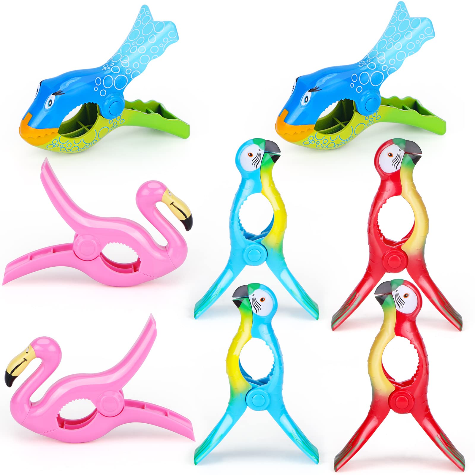 8 Pcs Flamingo & Parrot Beach Towel Clips - Jumbo Size, Bright Colors, Cute Clothes Pins for Beach Chairs, Pool Lounge, Cruise & Vacation - Portable Chair Holders for Patio, Holiday & Outdoor Relaxation