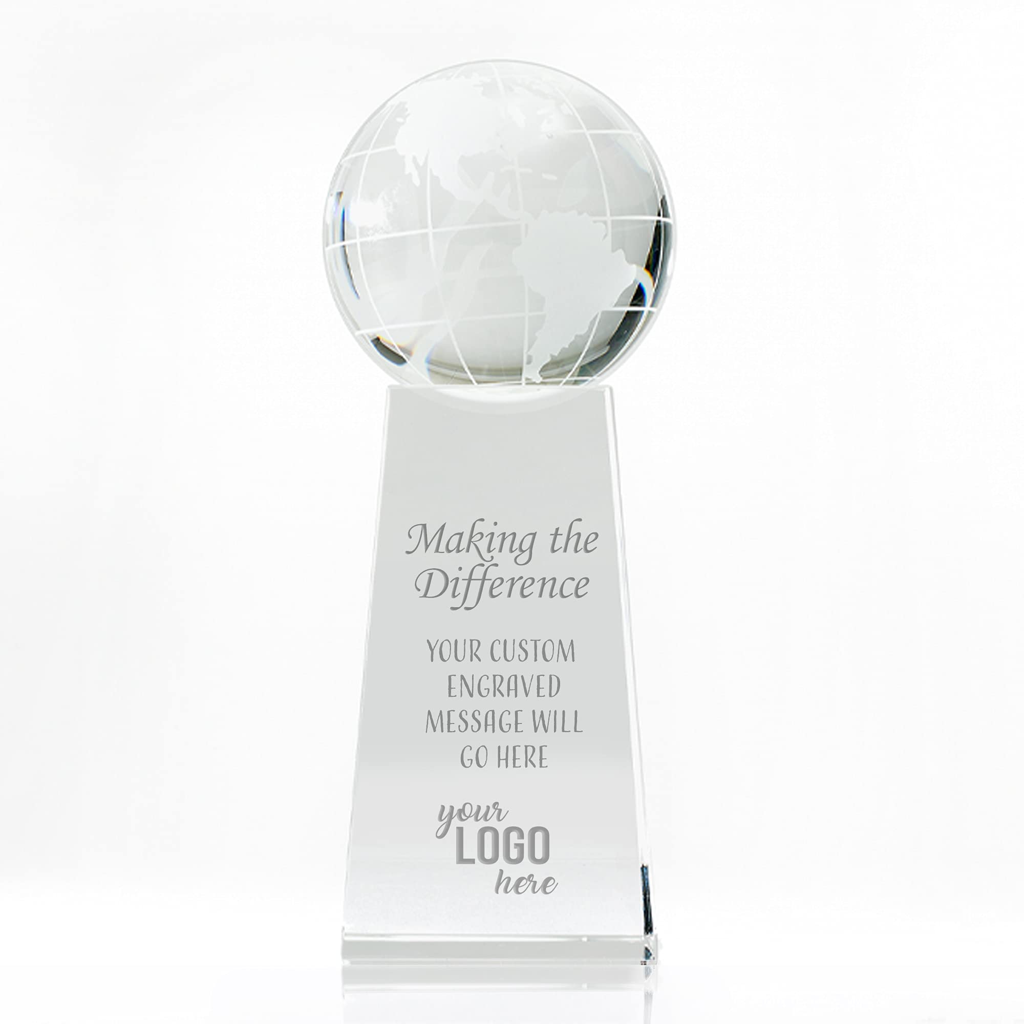 Custom Engraved Crystal Trophy Award for Employees - Executive Recognition Gift with Stately Globe on Rectangular Base - Perfect for Corporate Awards, Retirement Gifts & Achievement Celebrations