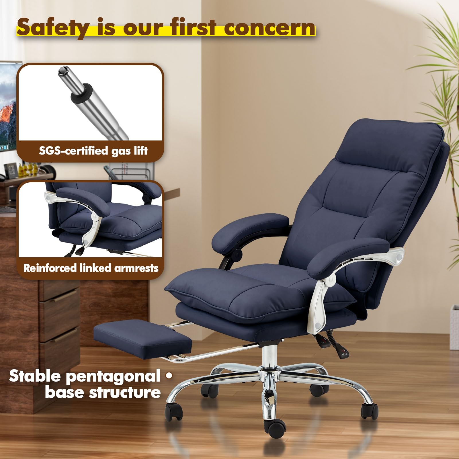 Premium Big and Tall Executive Office Chair - 350LB Capacity Reclining Ergonomic Computer Gaming Chair with Adjustable Footrest & Linkage Armrests - PU Leather Home Office Desk Chair for Work, Gaming & Relaxation