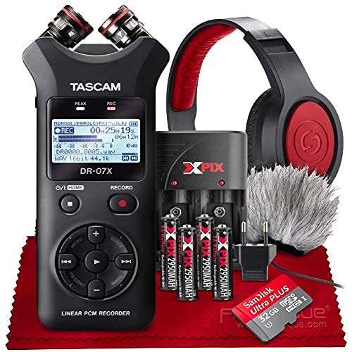 Tascam DR-07X Portable Digital Audio Recorder with USB Interface, 32GB Memory & Samson Headphones Bundle - Perfect for Podcasting, Interviews & Field Recording