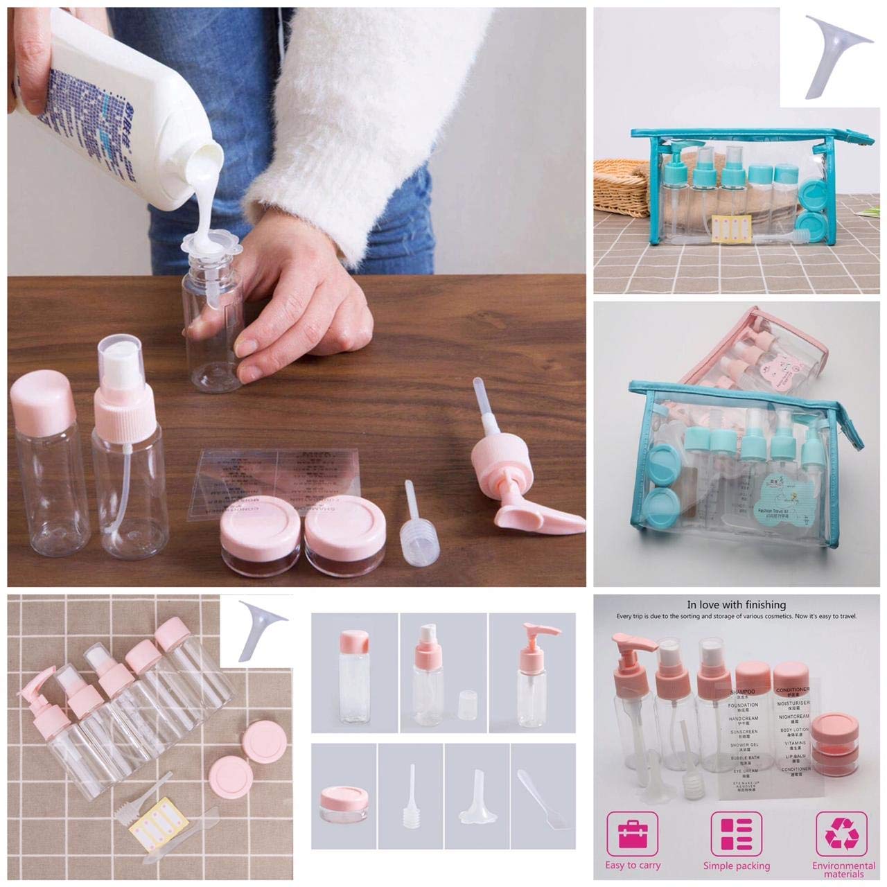 7-Piece Plastic Cosmetic Travel Organizer Set with 2 Refillable Bottles & Jars - Multi-Color for Makeup, Skincare & Toiletries - Perfect for Air Travel, Gym & Vacation Packing