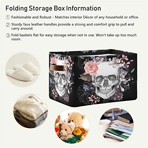 SEULIFE Floral Sugar Skull Halloween Storage Basket - Large Collapsible Organizer Bin with Handles for Toys, Bathroom, Nursery & Closet (1 Pack) | Perfect for Holiday Decor, Diaper Storage & Home Organization