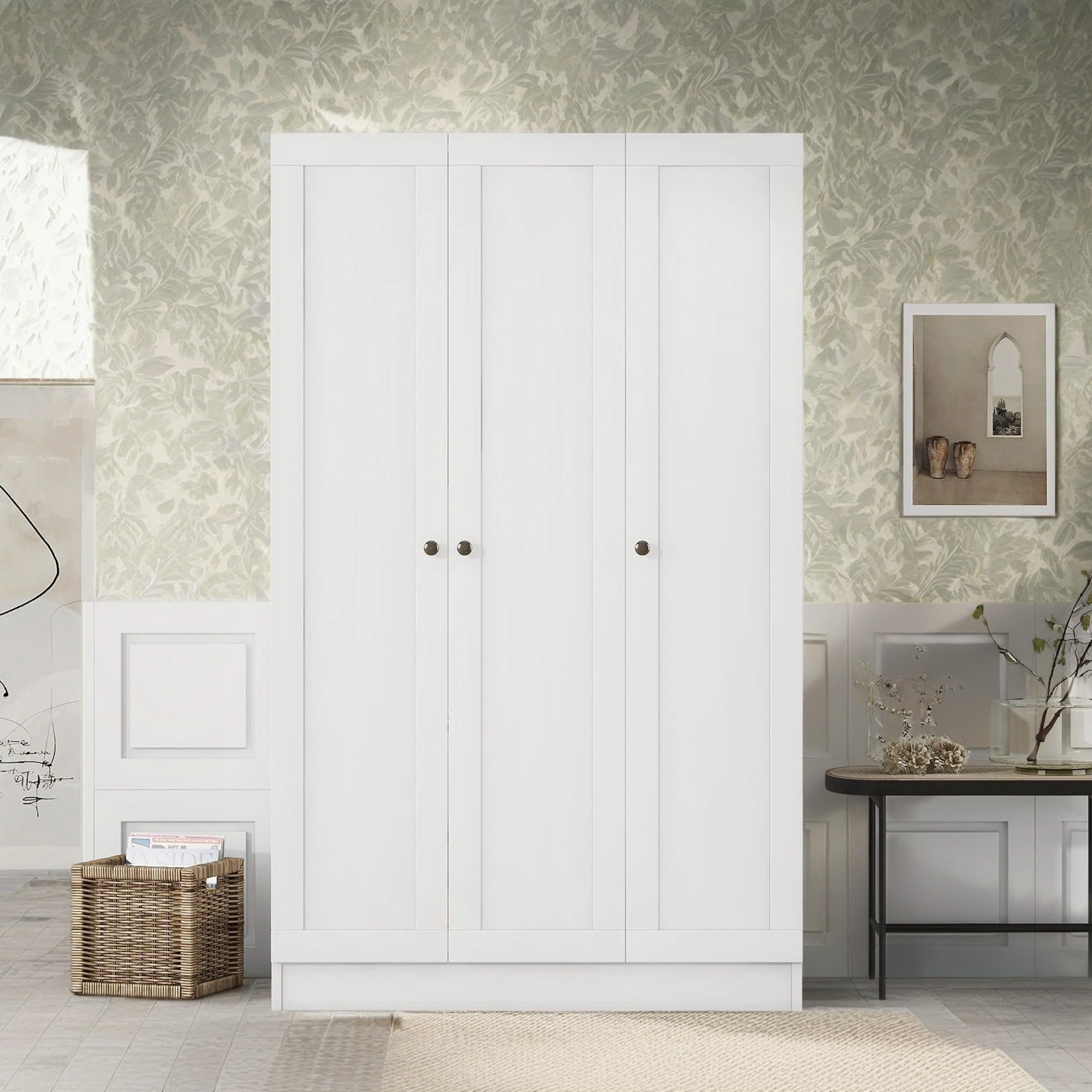 **KELRIA Modern 3-Door Armoire Wardrobe with Shelves & Hanging Rod - Large Freestanding Storage Closet, Wooden Clothes Organizer Cabinet for Bedroom, Guest Room, White - Perfect for Home Organization & Space Saving**