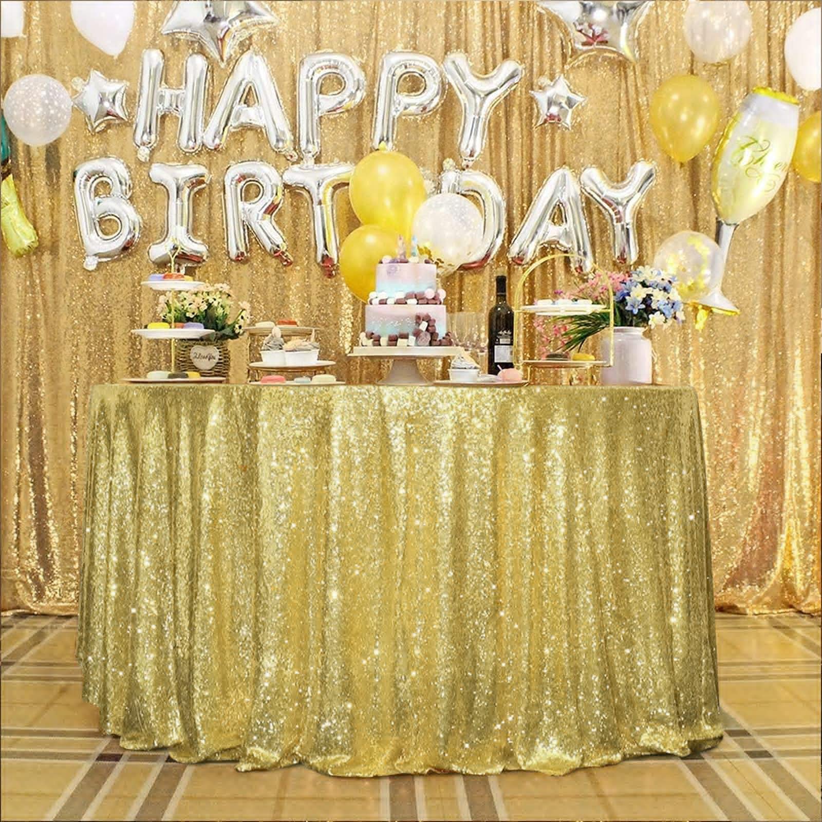 120 Inch Round Light Gold Sequin Tablecloth - Sparkly Drape Table Cover for Wedding, Birthday Party, Baby Shower, Bridal Shower | Elegant Party Decor, Banquet Table Overlay, Holiday Celebration Dining