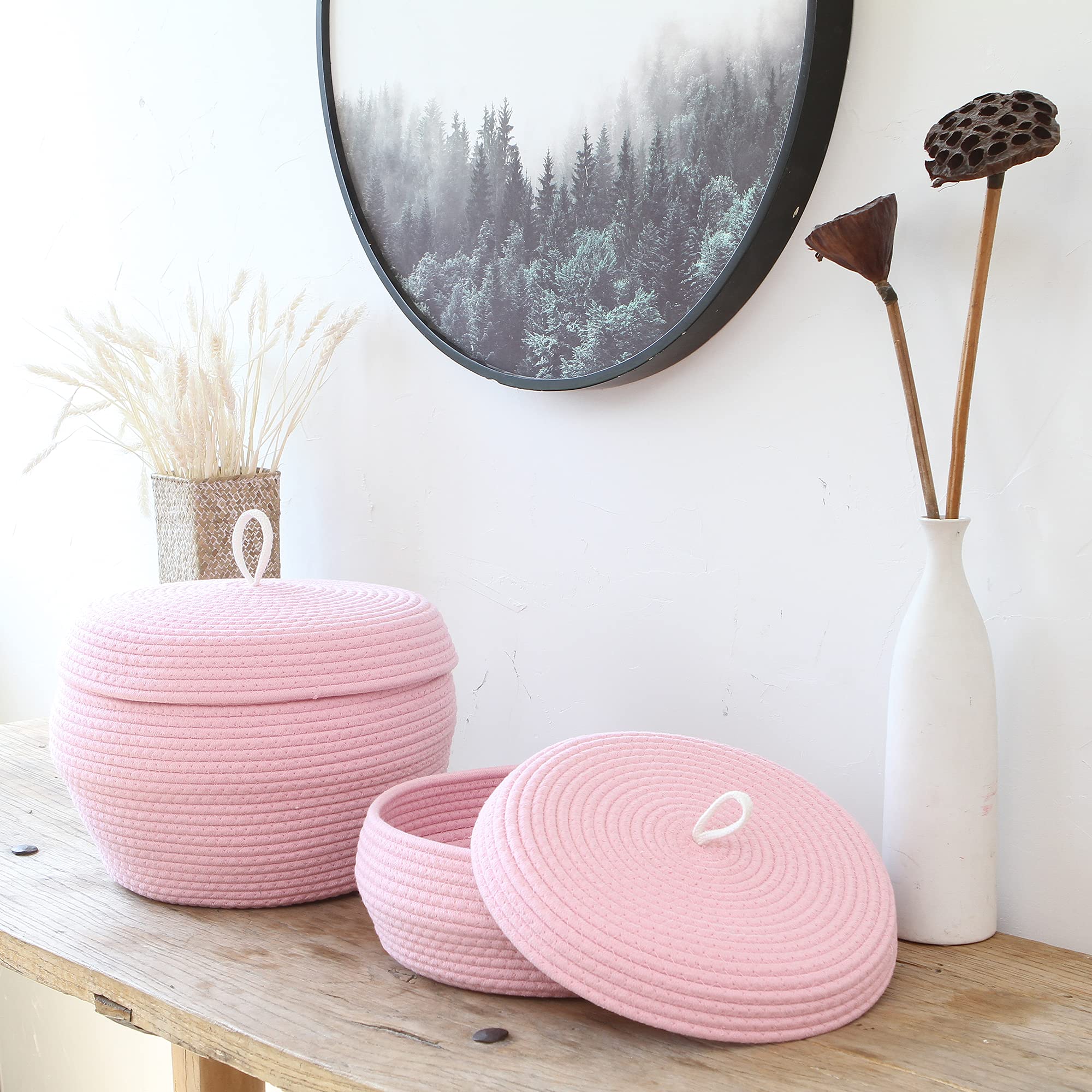 Sea Team Round Cotton Rope Storage Basket with Lid - Decorative Woven Organizer Bin for Home, Nursery & Office - Perfect for Snacks, Towels, Plants & Toys - 13 x 5.5 Inch Large Shallow Pink Storage Container
