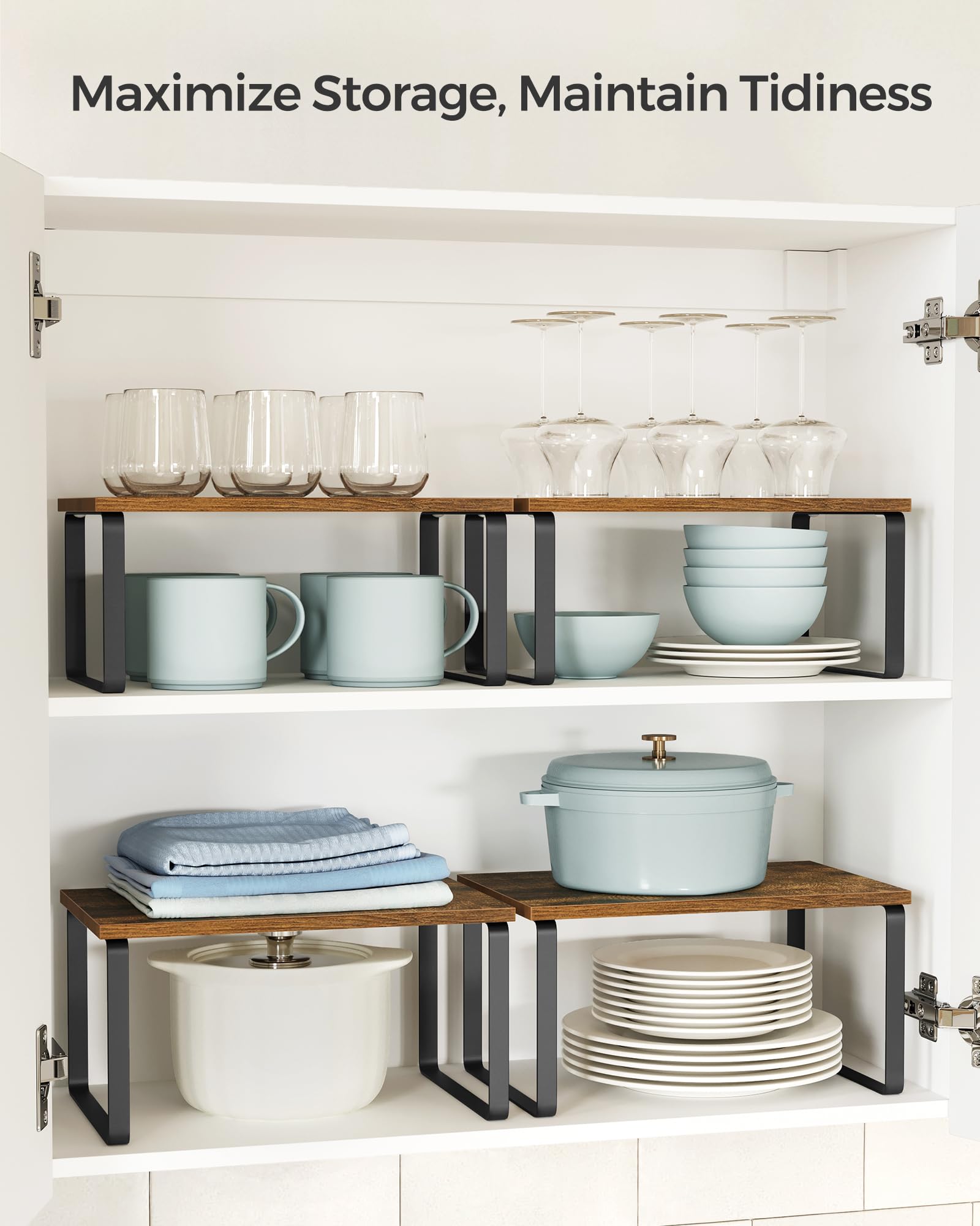 SONGMICS 4-Pack Stackable Expandable Cabinet Organizer Shelf - Metal & Engineered Wood Kitchen Storage for Spices, Utensils | Space-Saving Counter Shelf in Ink Black & Rustic Brown (UKCS021X01) | Perfect for Pantry, Bathroom & Office Organization