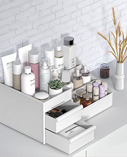 White Cosmetic Storage Box & Makeup Organizer with Drawers - Skincare & Jewelry Organizer for Vanity Desk - Perfect for Bedroom, Bathroom & Travel Use