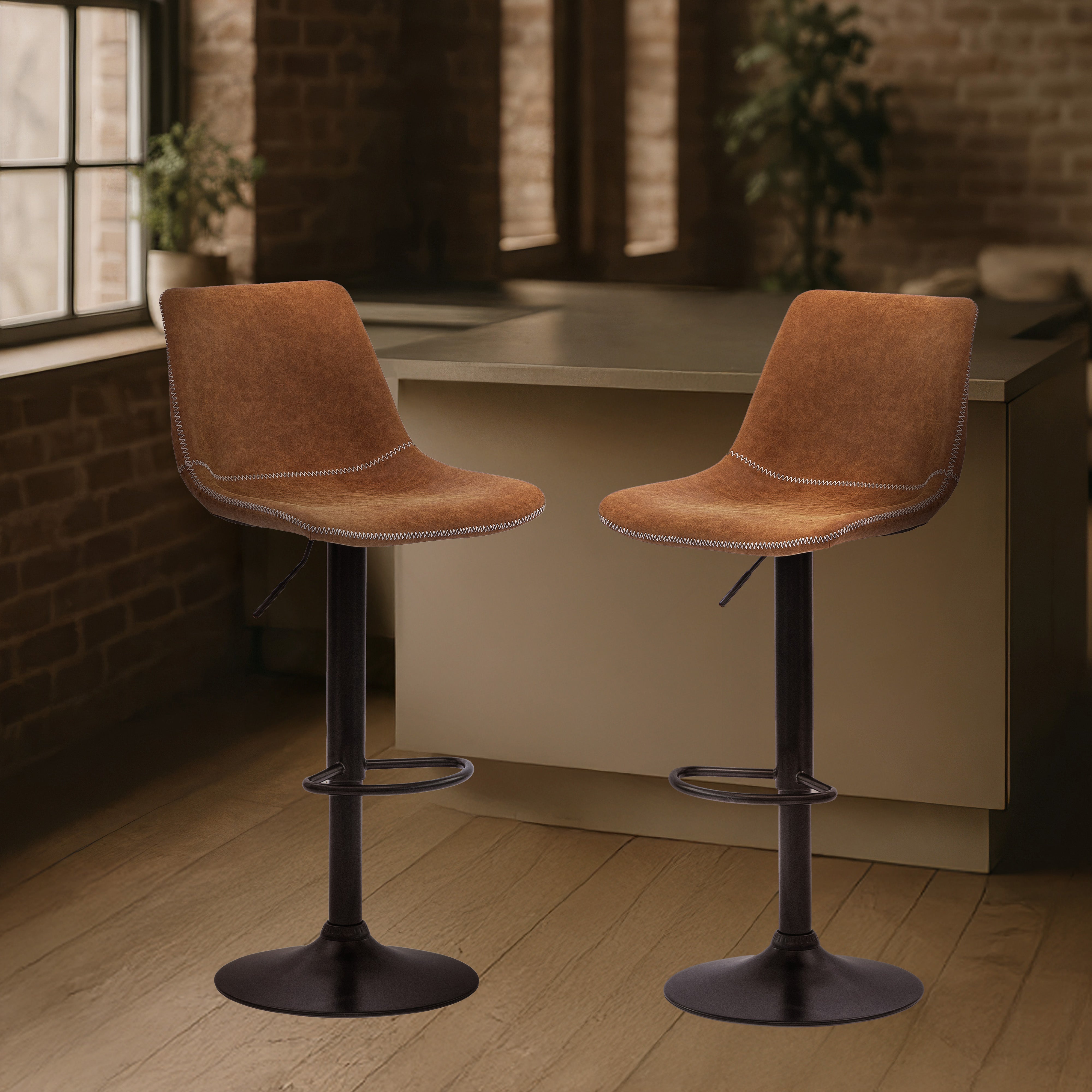 Urban Style Gary Bar Stools - Set of 2 Adjustable Height Black Metal Barstools with Tan PU Cushioned Seats | Perfect for Kitchen Islands, Home Bars & Breakfast Nooks