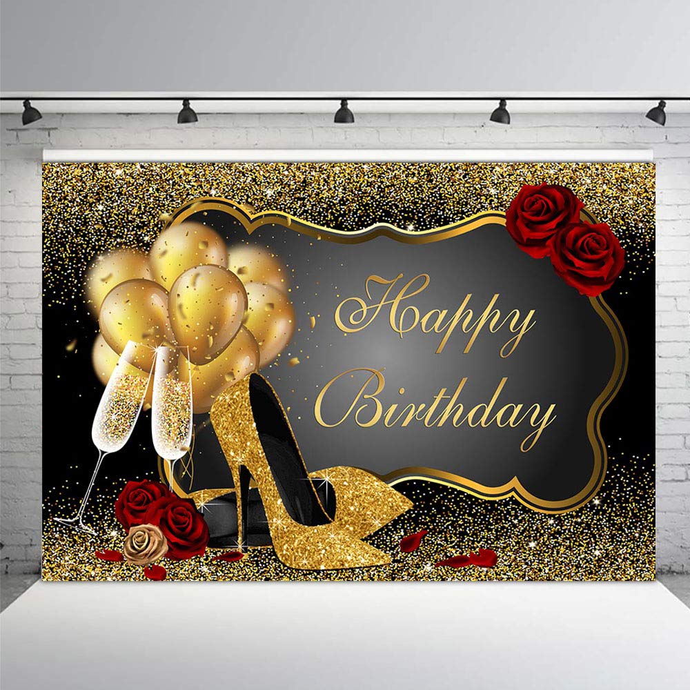MEHOFOND 5x3ft Black & Gold Birthday Photo Backdrop with Glitter Heels, Balloons & Champagne - Elegant Women's Birthday Party Decor for Photography, Social Media & Special Celebrations