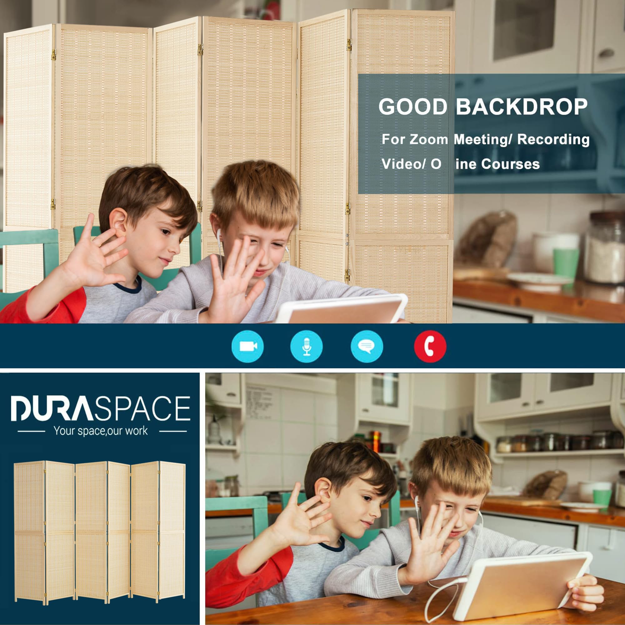 Duraspace 6 Panel Bamboo Room Divider - 6ft Tall Folding Privacy Screen for Home Office, Bedroom Separation & Portable Freestanding Wall Partition - Sturdy Double Hinge Folding Screen for Indoor Decor, Yoga Studio & Event Spaces