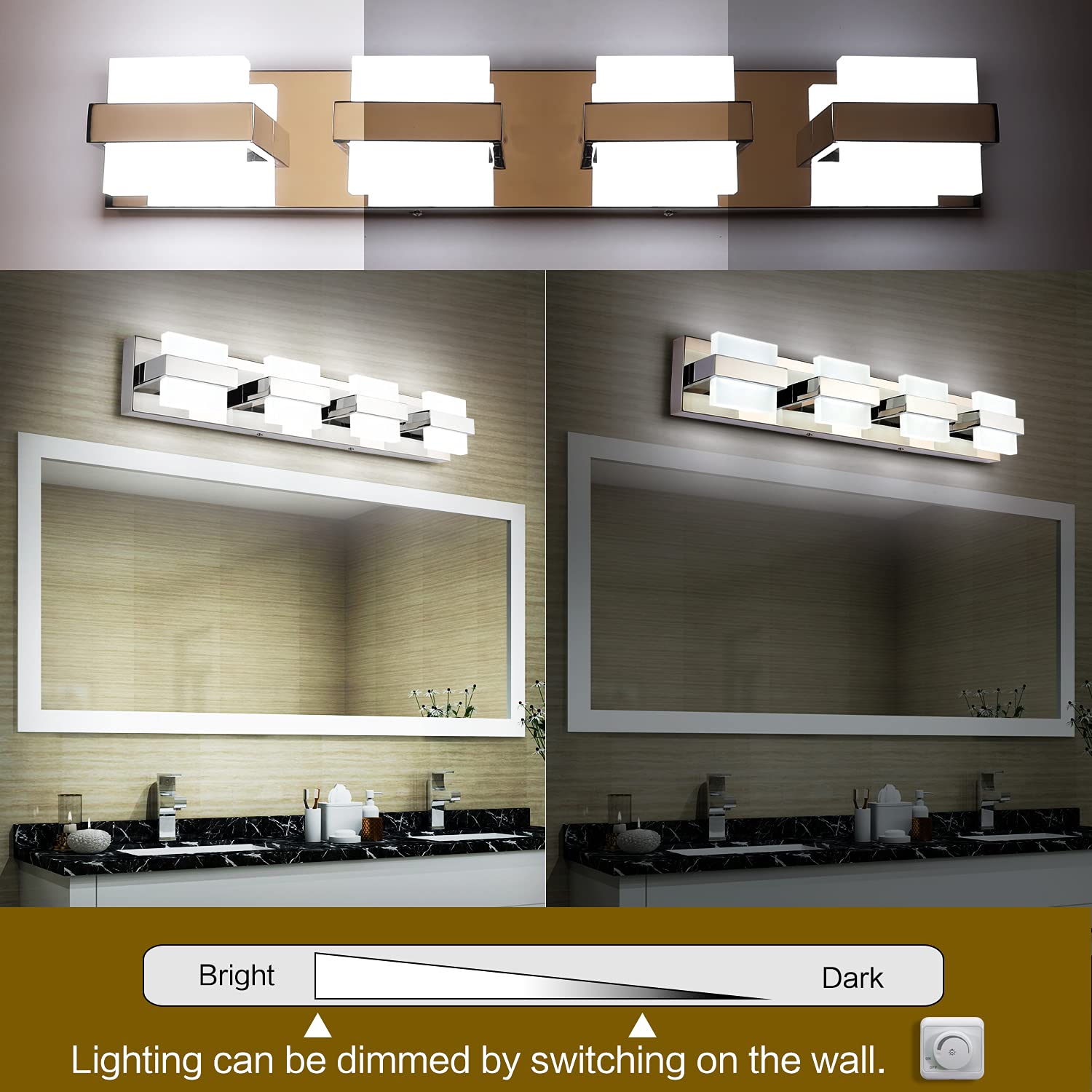 SOLFART 4-Light Chrome Modern LED Bathroom Vanity Light Fixture - 27 Inch Dimmable White Light for Mirror - Perfect for Bathroom, Powder Room & Dressing Area Makeup Lighting