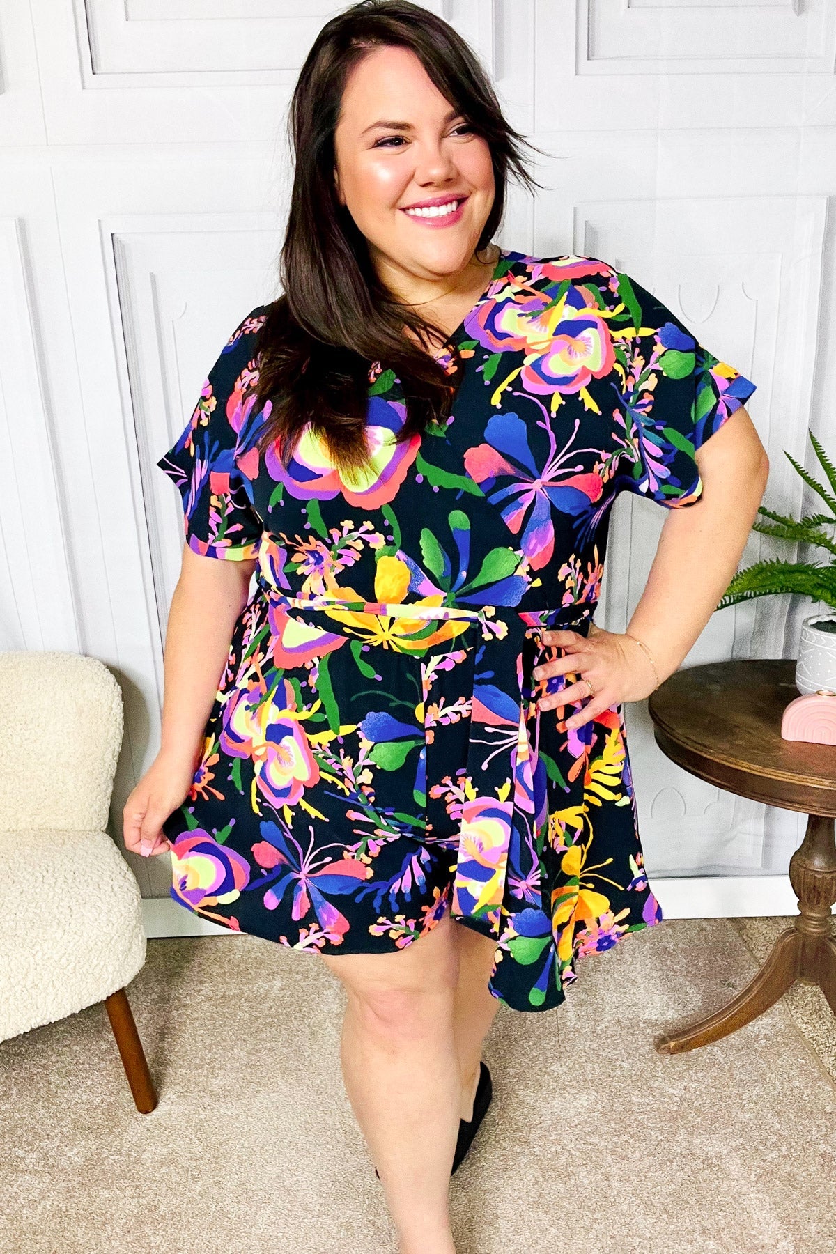 Stylish Black Floral Surplice Woven Romper for Women - Summer Casual Jumpsuit with Comfortable Fit - Perfect for Beach Vacations, Brunch Dates & Outdoor Events