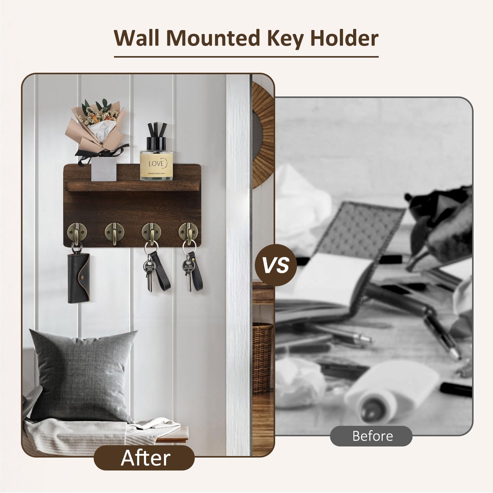 8.5 Inch Wooden Wall Key Holder with 4 Hooks & Shelf - Rustic Home Decor Organizer for Entryway, Living Room & Kitchen - Perfect for Keys, Mail & Small Essentials (Brown)