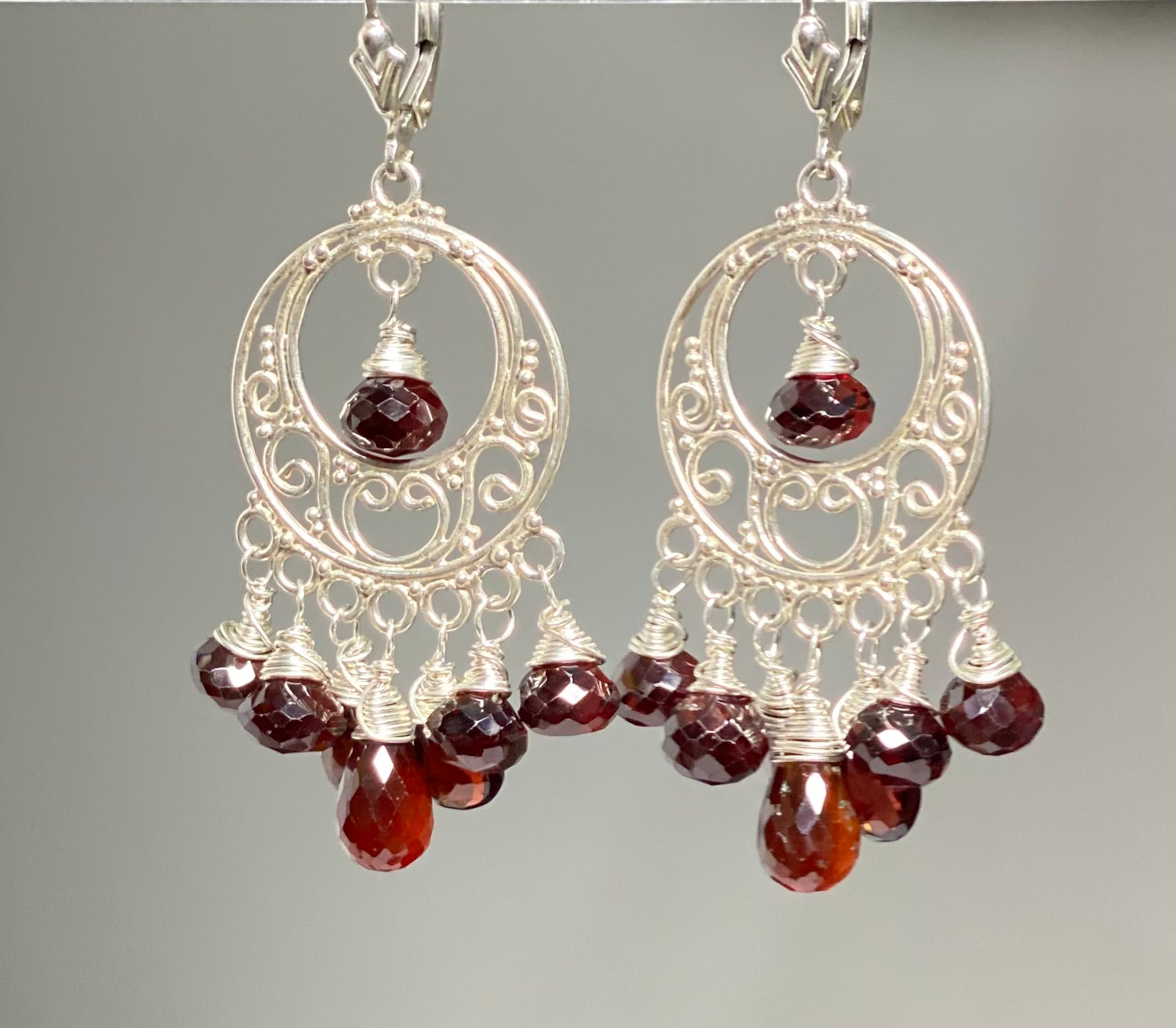 Garnet Chandelier Earrings Sterling Silver Garnet Hoops - Elegant Dangle Earrings for Women, Perfect for Weddings, Parties & Evening Events