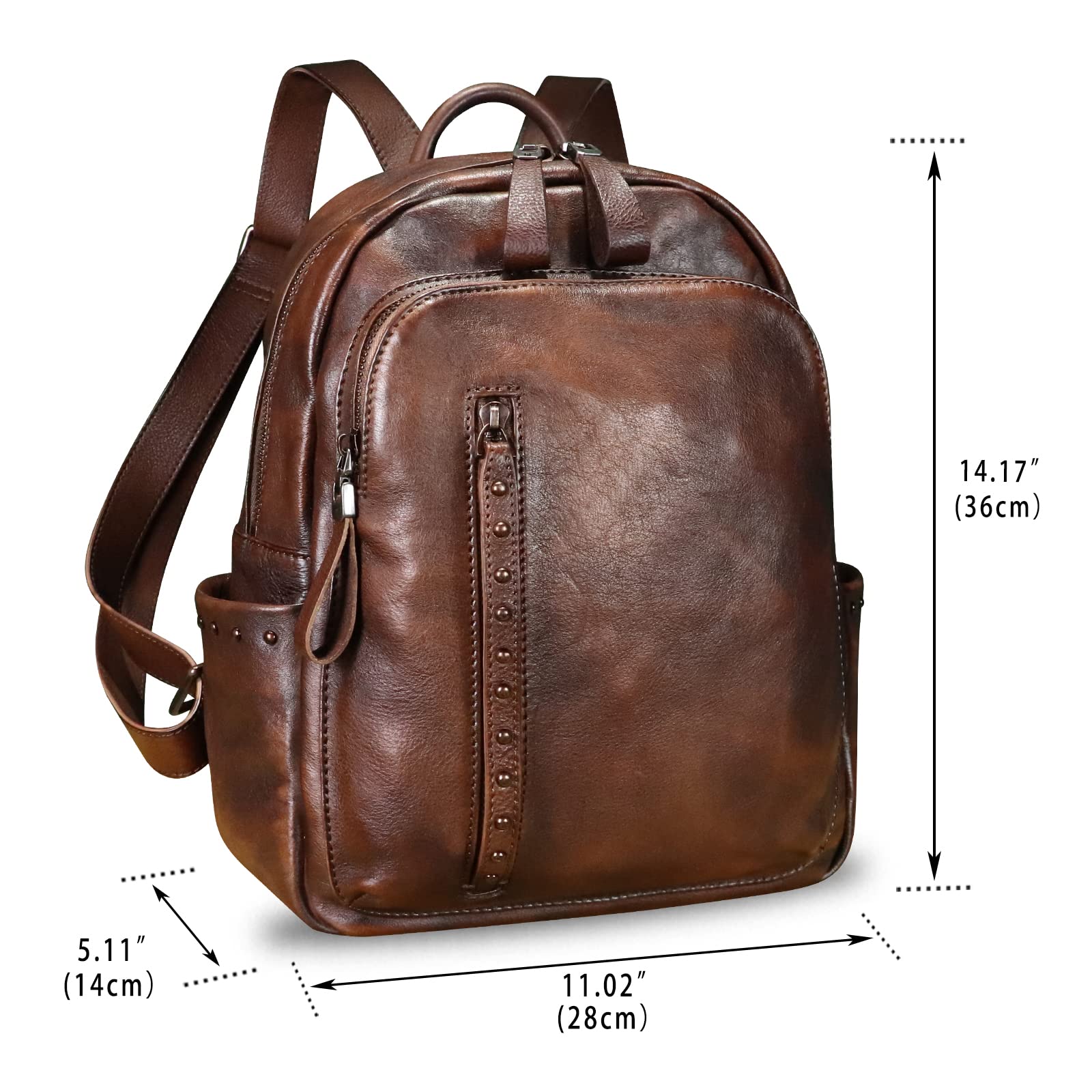 Genuine Leather Backpack Purse for Women - Vintage Cowhide Daypack with Western Rivets, Handmade College Rucksack (Coffee) - Perfect for School, Travel & Casual Outings