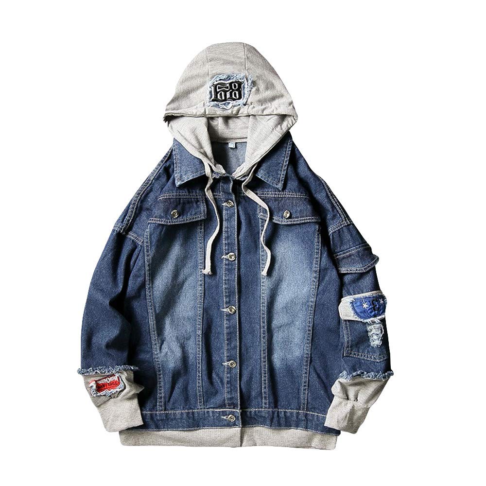 FORUU Men's Printed Long Sleeve Hooded Sweatshirt - Splicing Denim Pullover Top | Casual Streetwear for Fall & Winter | Perfect for Outdoor Activities, Travel and Daily Wear