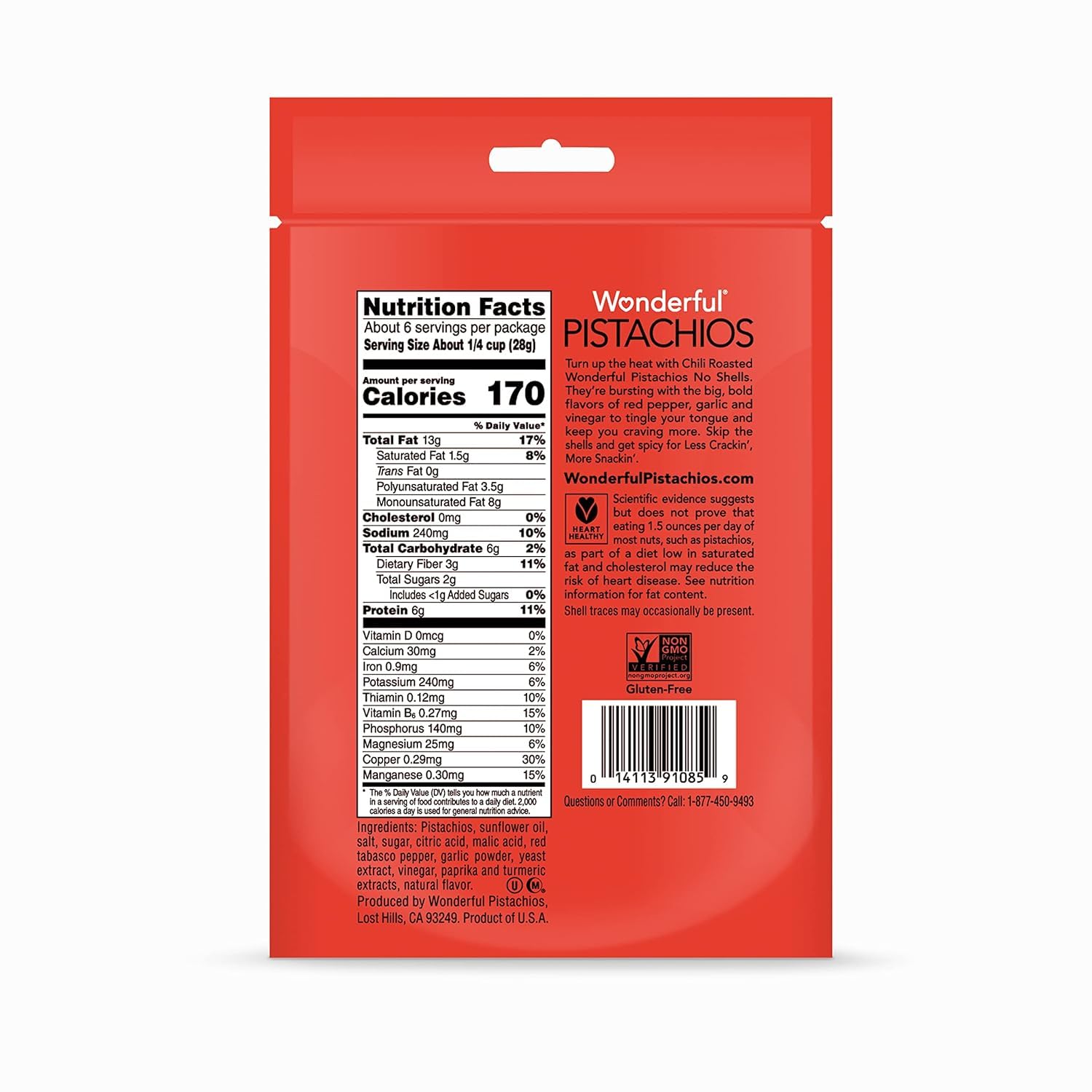 Wonderful Pistachios No Shells, Chili Roasted Nuts - 5.5oz Resealable Bag | High Protein Snack, Gluten Free, Healthy Travel Snacks | Perfect for On-the-Go, Office, Hiking & Road Trips