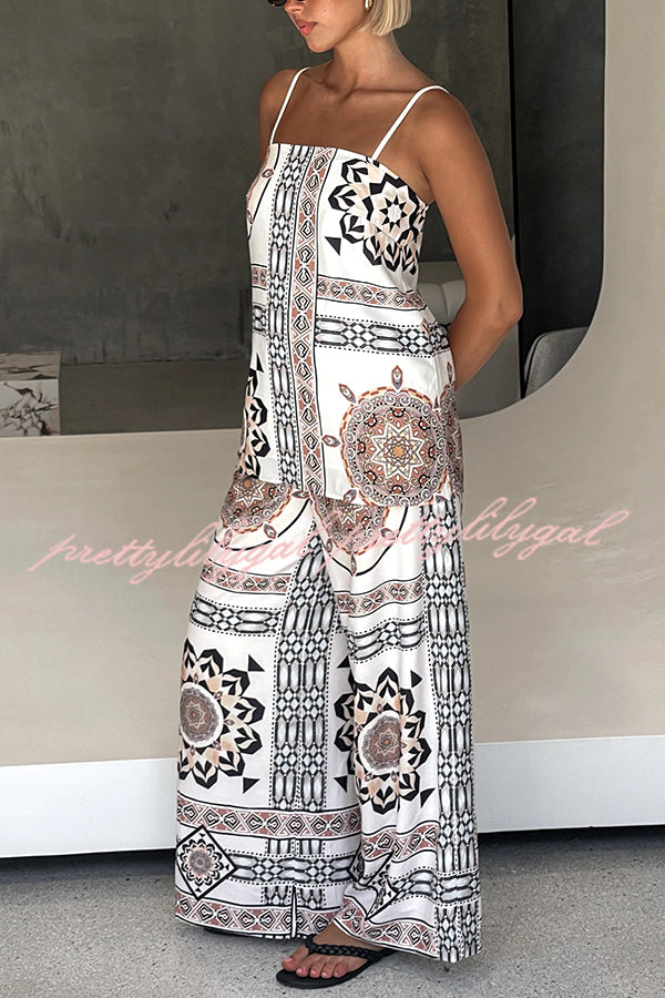 Stylish Printed Loose Casual Tank Top with Elastic Waist Wide Leg Pants Set - Women's Summer Outfit for Beach, Travel & Daily Wear
