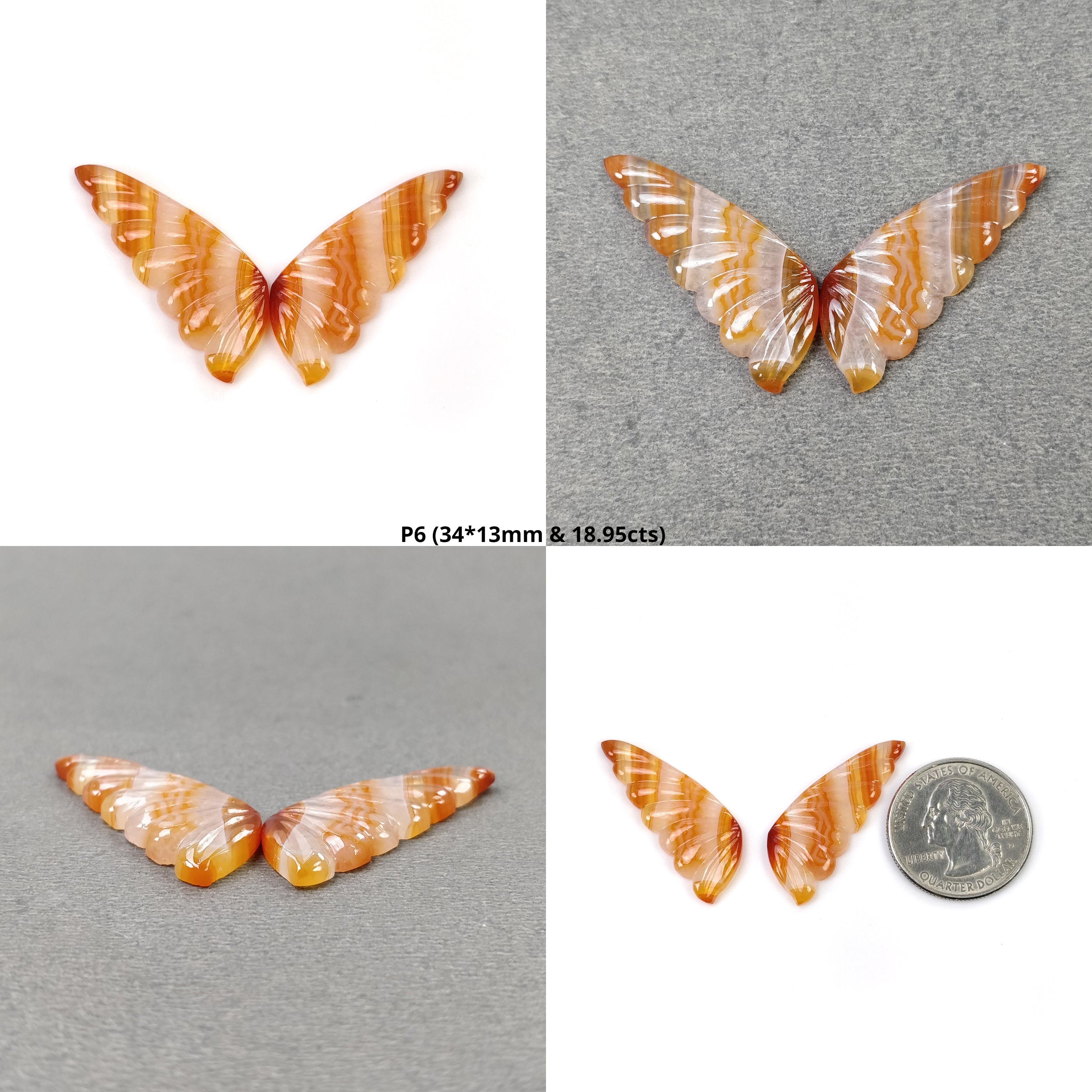 Natural Untreated Botswana Striped Agate Gemstone Carving - Hand Carved Bi-Color Agate Butterfly Pendant (29x13mm & 35x13mm Pair) for Jewelry Making, Meditation & Spiritual Healing