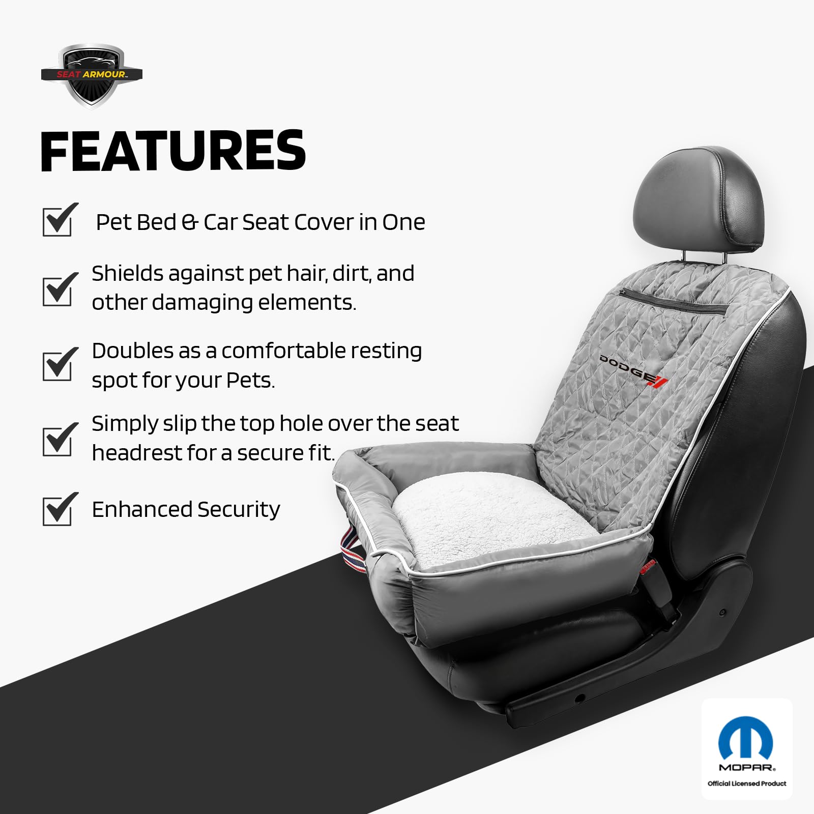 **Dodge PetBed2GO Dog Car Seat Cover – 2-in-1 Pet Bed & Seat Protector – Waterproof, Non-Slip, 26x20x6 Inches, Gray – Perfect for Travel & Daily Commute**