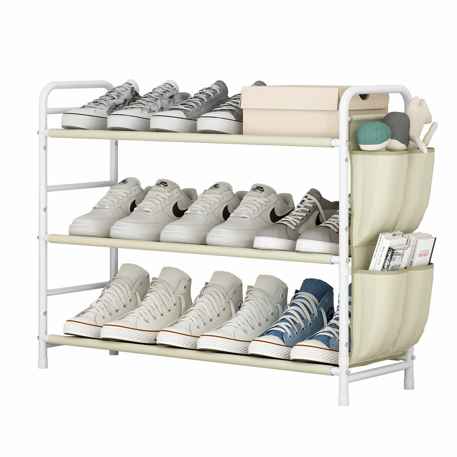 3-Tier Metal Shoe Rack Organizer with Side Storage Bag - Free Standing Compact Shoe Shelf for Entryway, Closet & Bedroom - Space Saving Storage Solution for Shoes, Boots & Accessories (Beige) - Perfect for Small Apartments & Organized Homes
