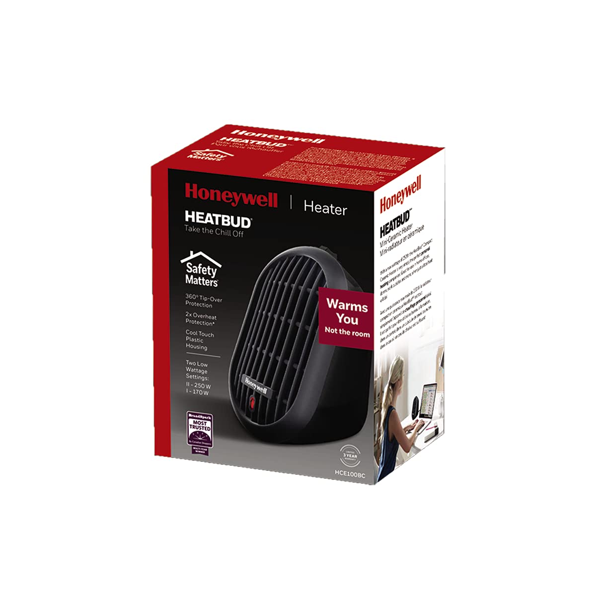 Honeywell HCE100BCD1 HeatBud® Personal Ceramic Heater - Compact Portable Space Heater for Office, Bedroom & Home Use - Black Energy Efficient Electric Heater with Adjustable Thermostat