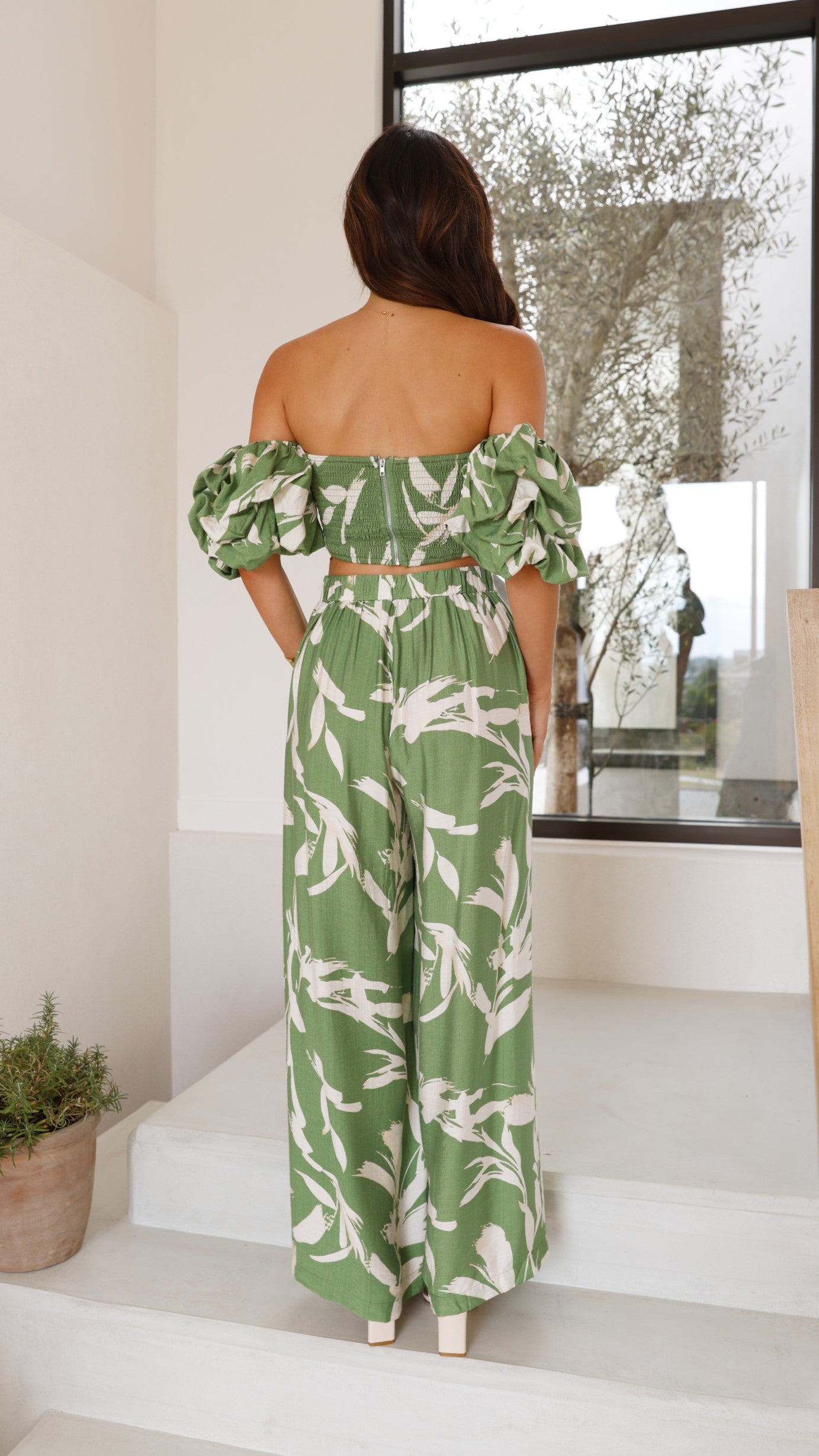 Callison Women's Green Print Crop Top and Pants Set - Trendy Matching Outfit for Yoga, Gym, or Casual Wear