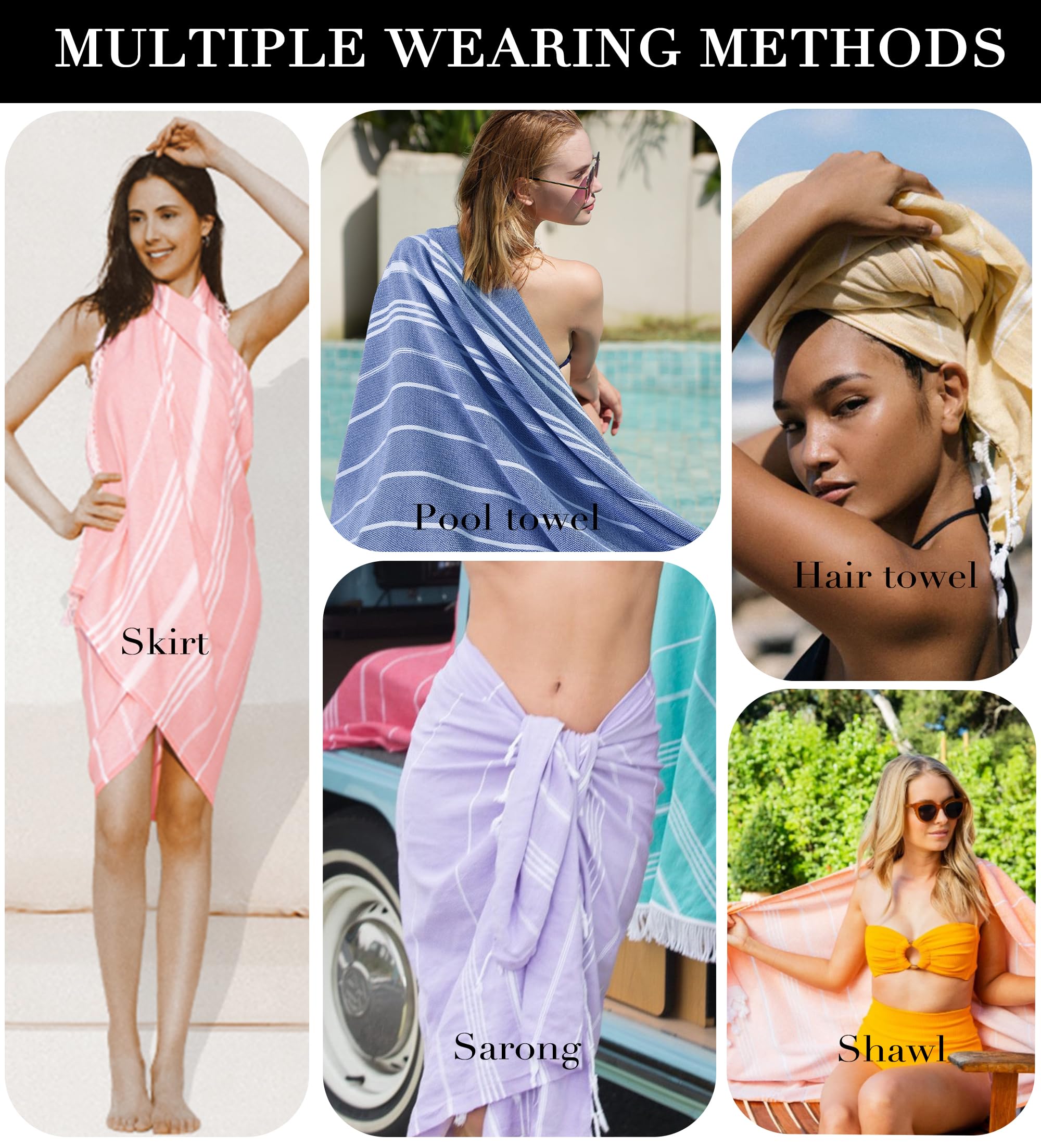12 Pack Turkish Beach Towels - Extra Large Quick Dry Sand Free Swim Towels for Adults, Oversized Lightweight Pool Towels, Yoga Blanket & Travel Towel - Perfect for Beach, Pool, Camping, Vacation & Outdoor Activities