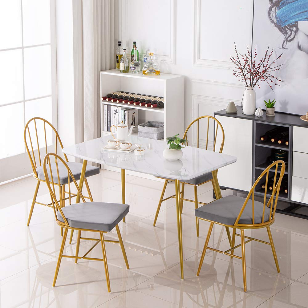 Modern White Gold Rectangular Dining Table with Golden Metal Legs - Elegant 4-6 Person Dinner Table, Simple Home Office Writing Desk Workstation (Table Only) - Perfect for Family Dining, Entertaining Guests & Home Office Workspace
